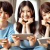 Japanese elementary, middle, and high school students feeling happy and satisfied with a tablet or smartphone learning service. The students should be in a home setting, showing their joy and satisfaction with the learning process.