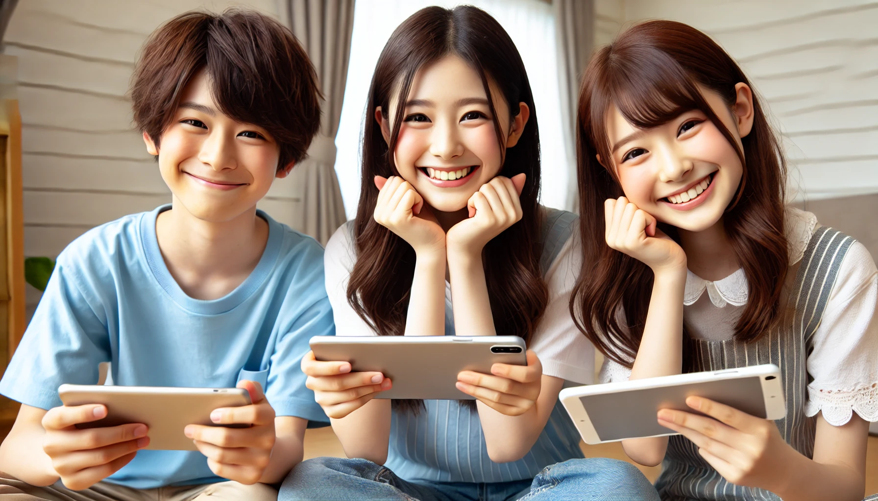 Japanese elementary, middle, and high school students feeling happy and satisfied with a tablet or smartphone learning service. The students should be in a home setting, showing their joy and satisfaction with the learning process.