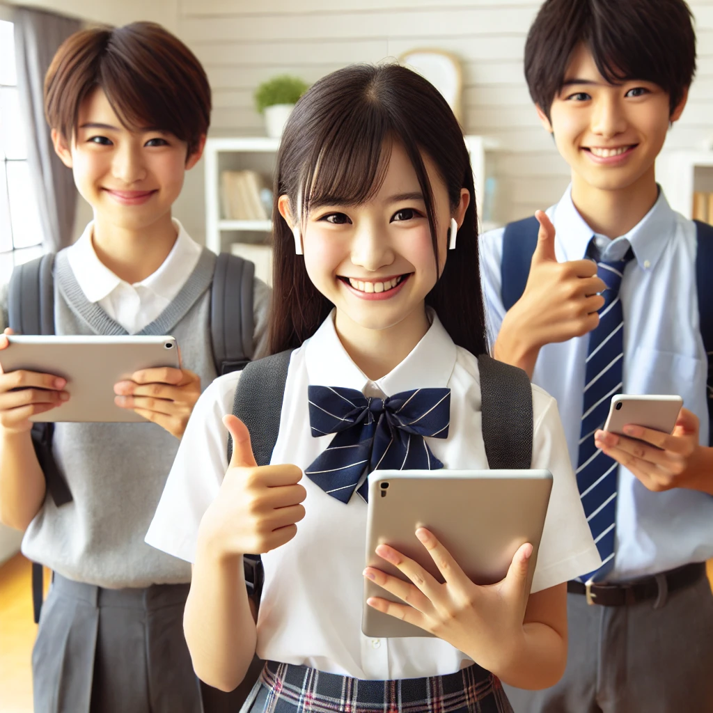 A Japanese elementary, middle, and high school student satisfied with learning using tablets and smartphones, smiling and showing thumbs up, indoors, modern and bright room.