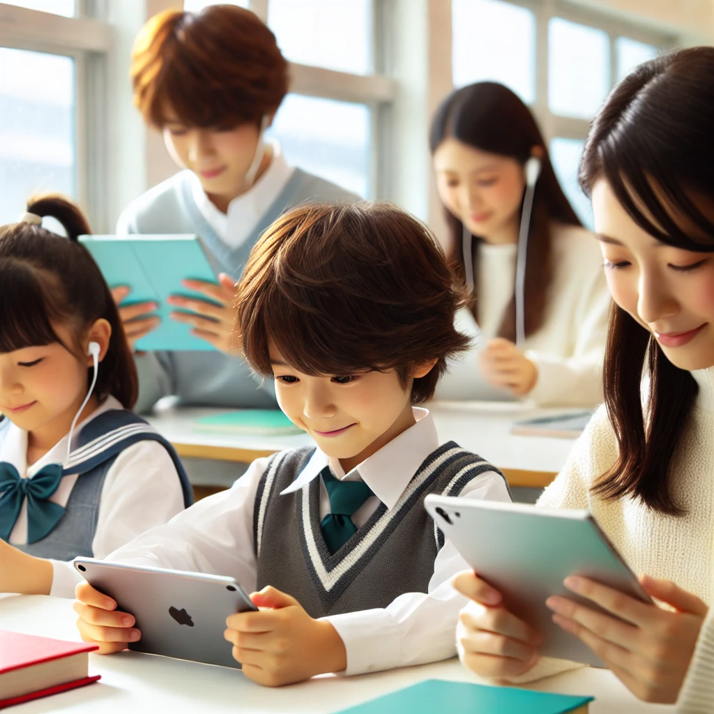 A Japanese elementary, middle, and high school student studying together using tablets and smartphones with an educational video playing on the devices, indoors, modern and clean room, bright lighting.