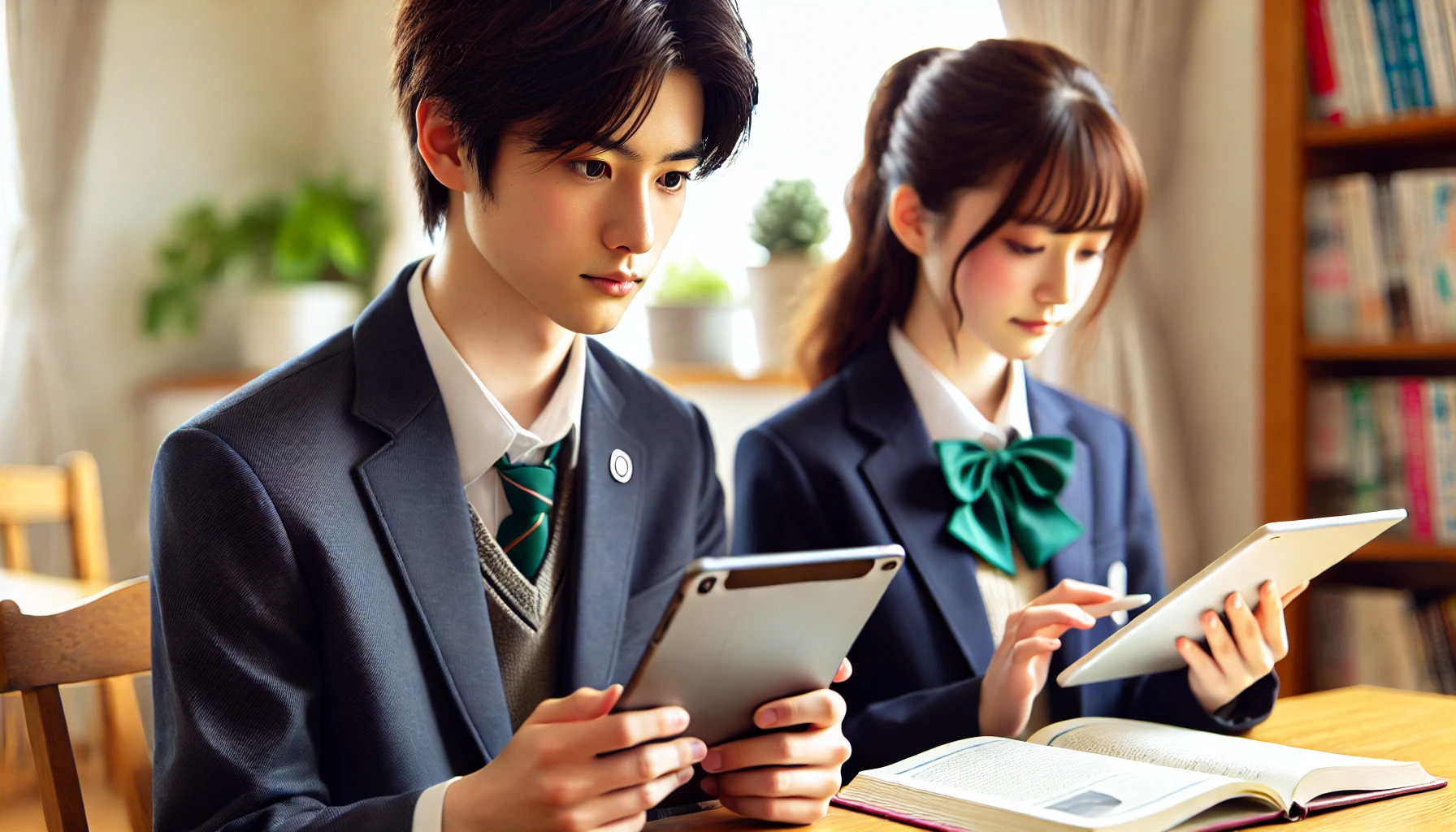 A Japanese elementary, middle, and high school student studying with a tablet or smartphone, representing a learning service that can be used on these devices. The students should be using the devices in a home setting, appearing focused and engaged.