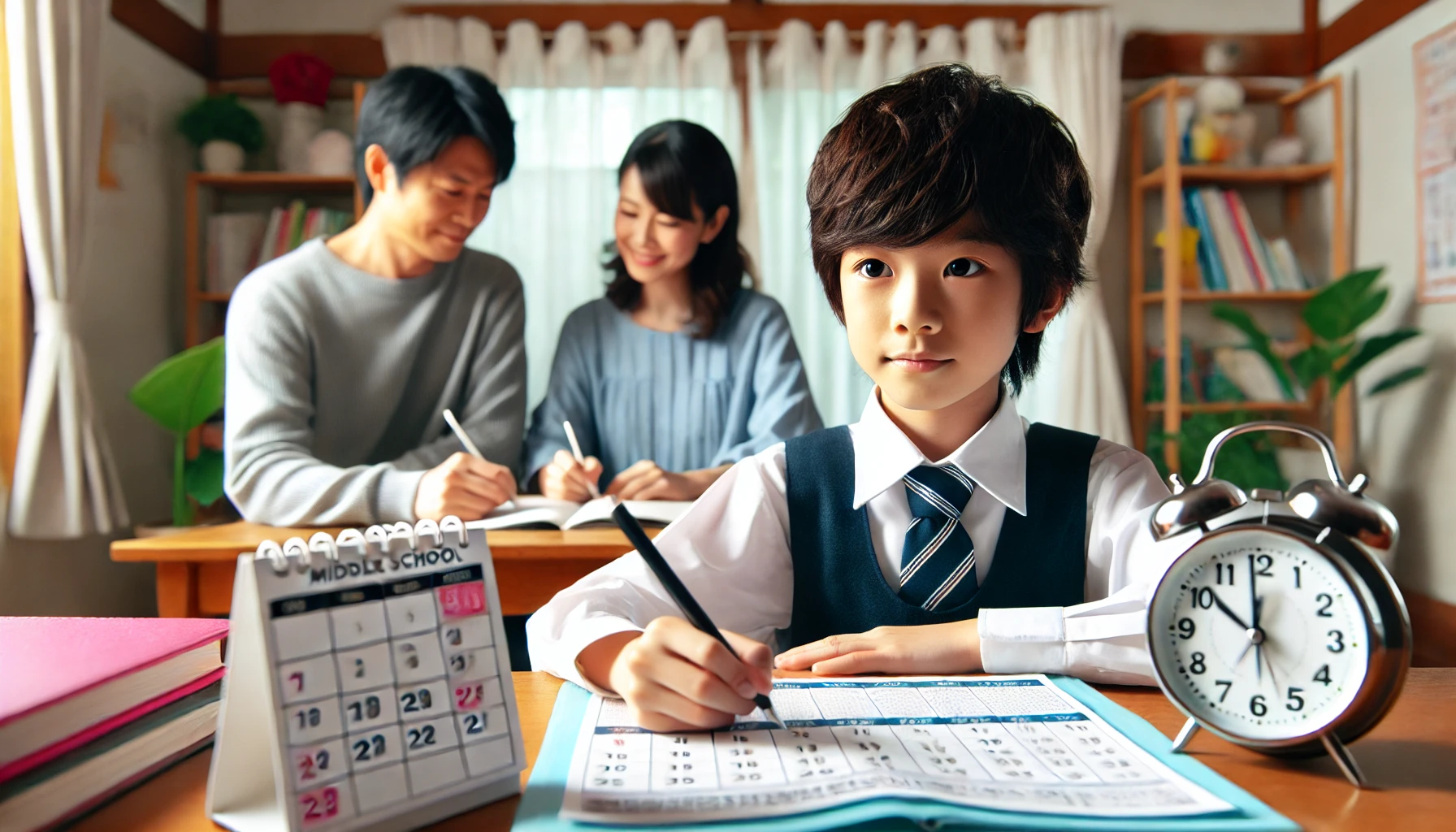 A Japanese elementary school child starting to prepare for middle school entrance exams, with a calendar and study materials on a desk. The child looks focused and determined, with parents in the background showing support and encouragement.