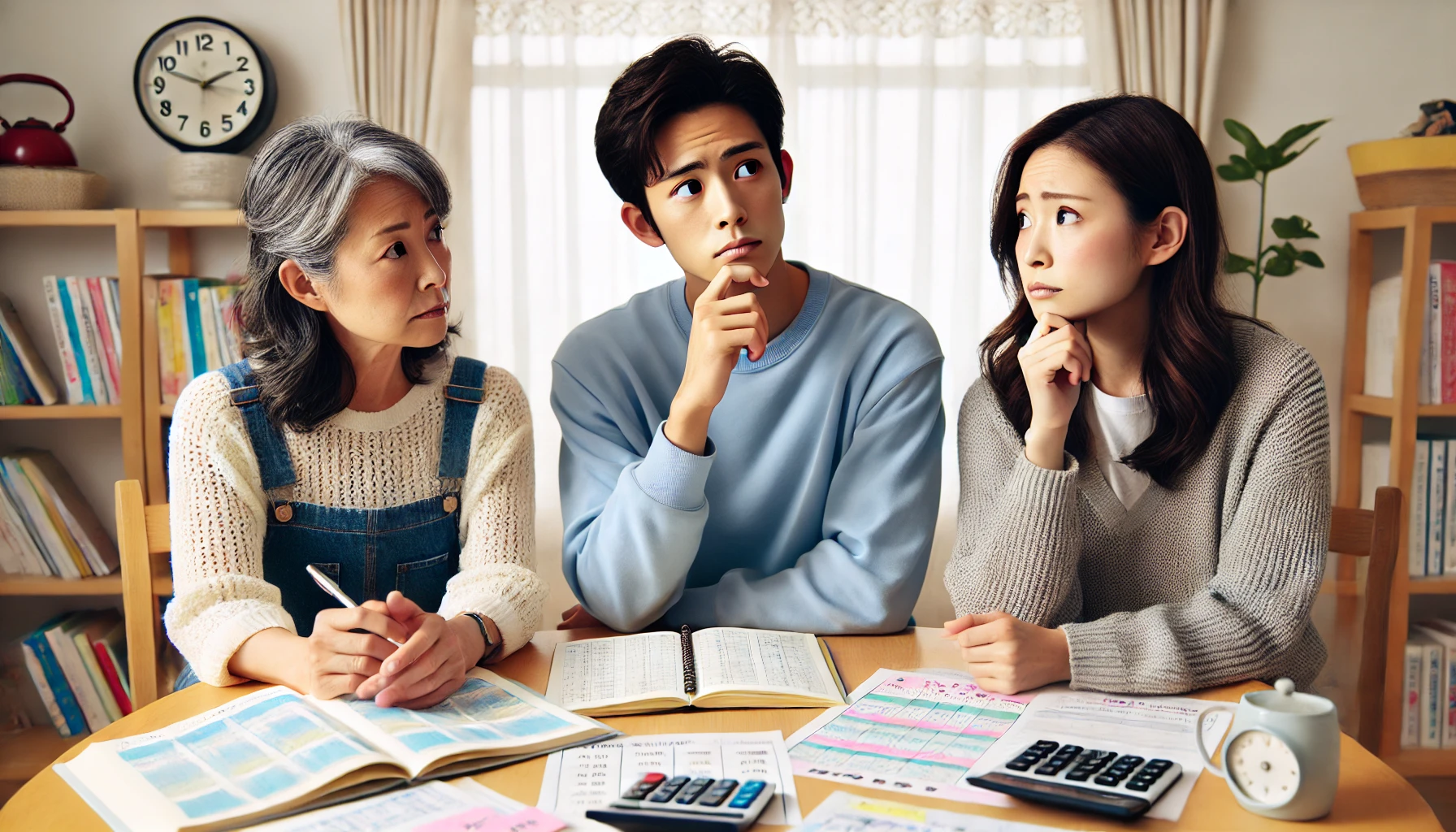 Japanese parents discussing and contemplating the timing of starting middle school entrance exam preparations for their child. They look thoughtful and concerned, sitting at a table with educational materials and schedules spread out.