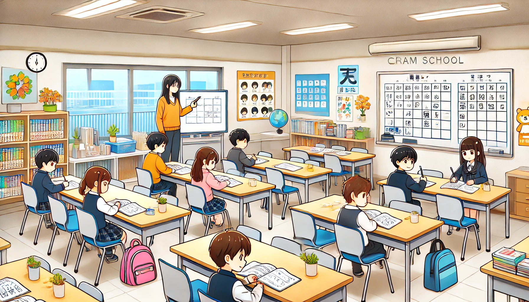 A modern Japanese cram school classroom with young students focused on their studies. The room is equipped with desks, chairs, a whiteboard, and educational posters. A teacher is helping a student while others are working independently.