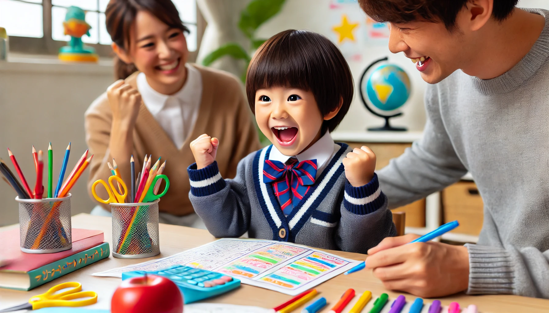 A young Japanese elementary school student enthusiastically starting their middle school entrance exam preparation at a very early age. The child is engaged in a fun and interactive learning activity, with colorful educational materials and supportive parents nearby.