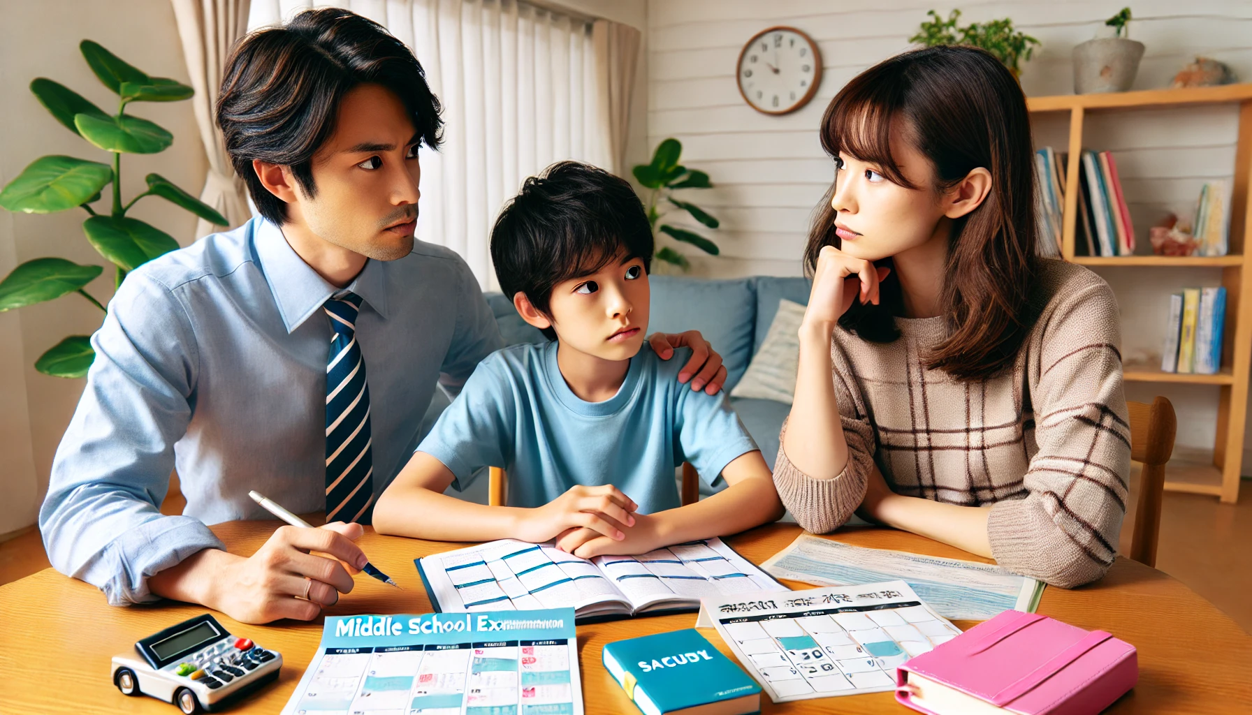 Japanese parents and child sitting at a table, discussing when to start middle school entrance exam preparations. They look serious and thoughtful, with calendars and study materials spread out.