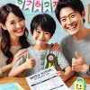 A happy Japanese family celebrating the benefits of starting middle school entrance exam preparations early. The child is showing good results, and the parents look proud and supportive. Educational materials and certificates are visible in the background.