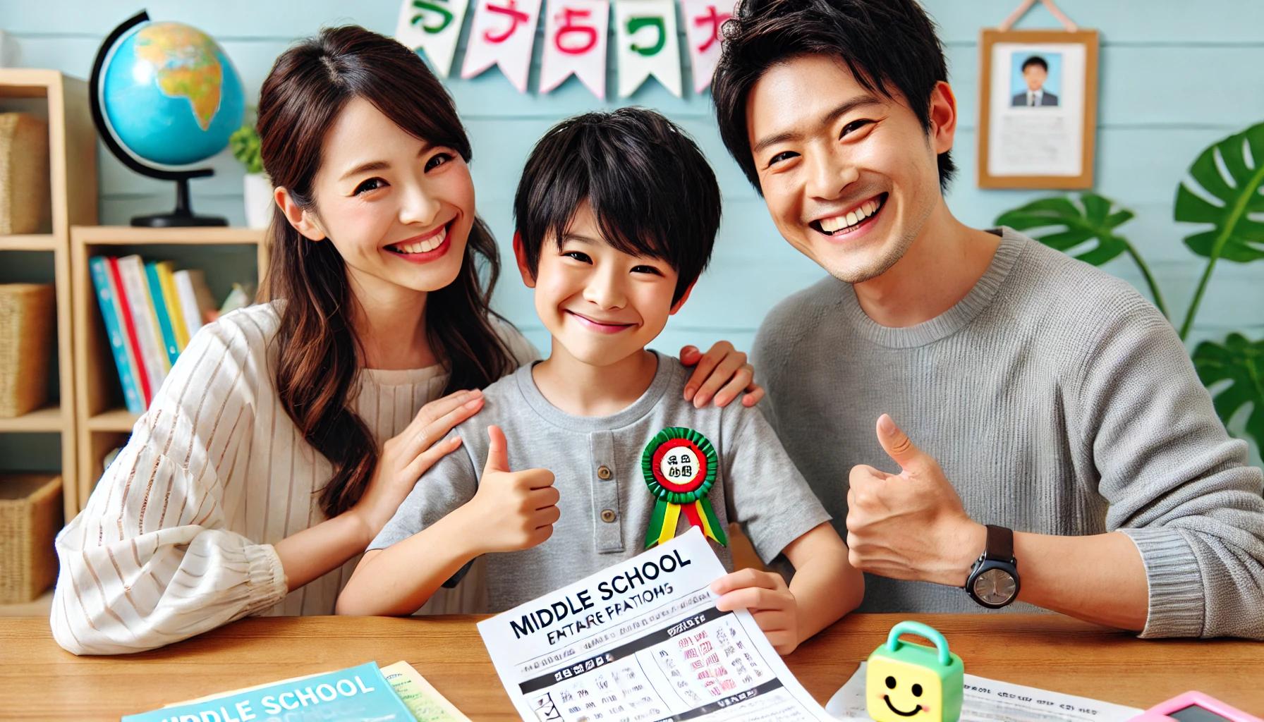 A happy Japanese family celebrating the benefits of starting middle school entrance exam preparations early. The child is showing good results, and the parents look proud and supportive. Educational materials and certificates are visible in the background.