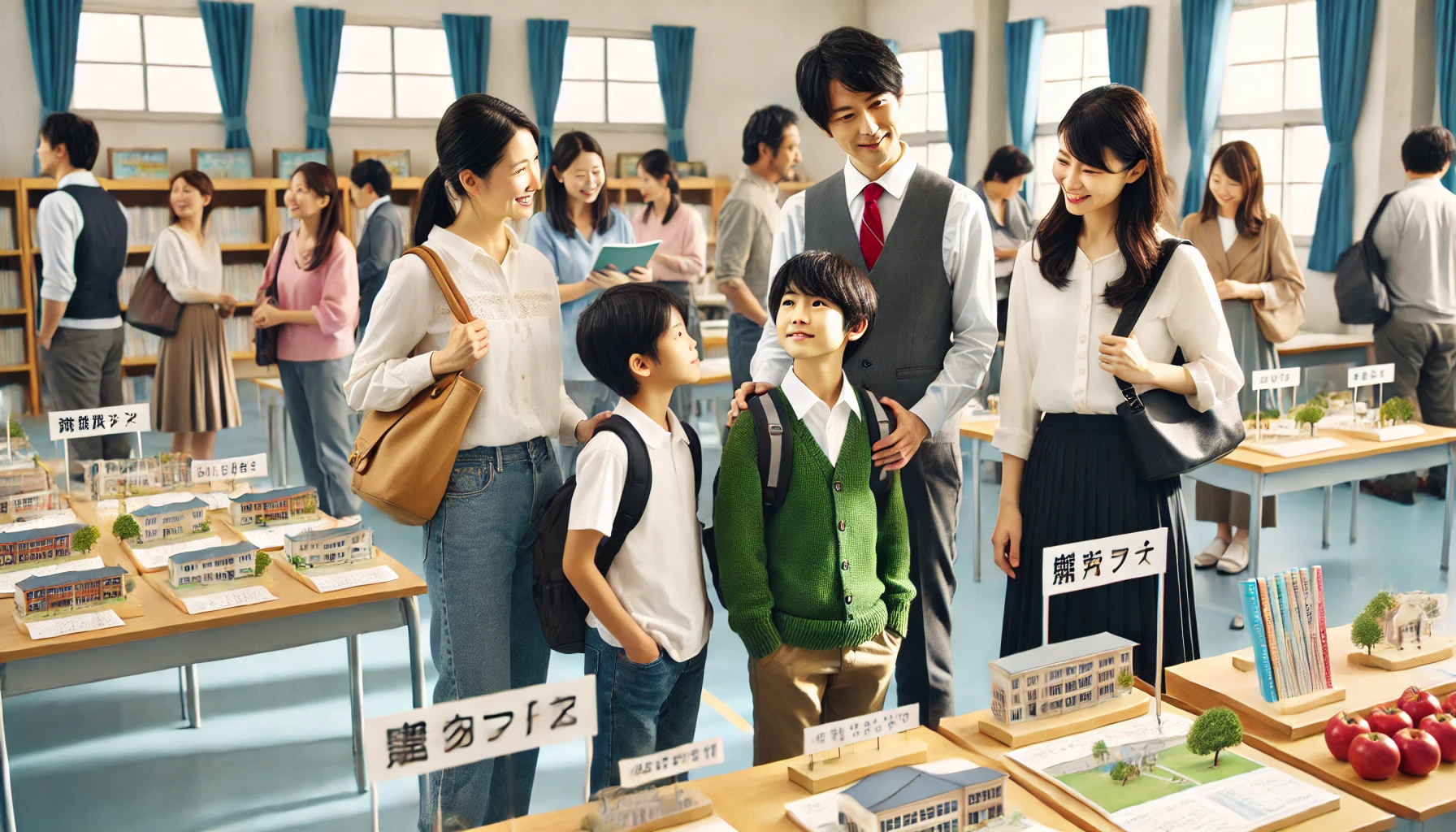 A Japanese family visiting different cram schools to choose the best one for middle school entrance exam preparation. They are interacting with teachers and looking at various facilities, comparing options.