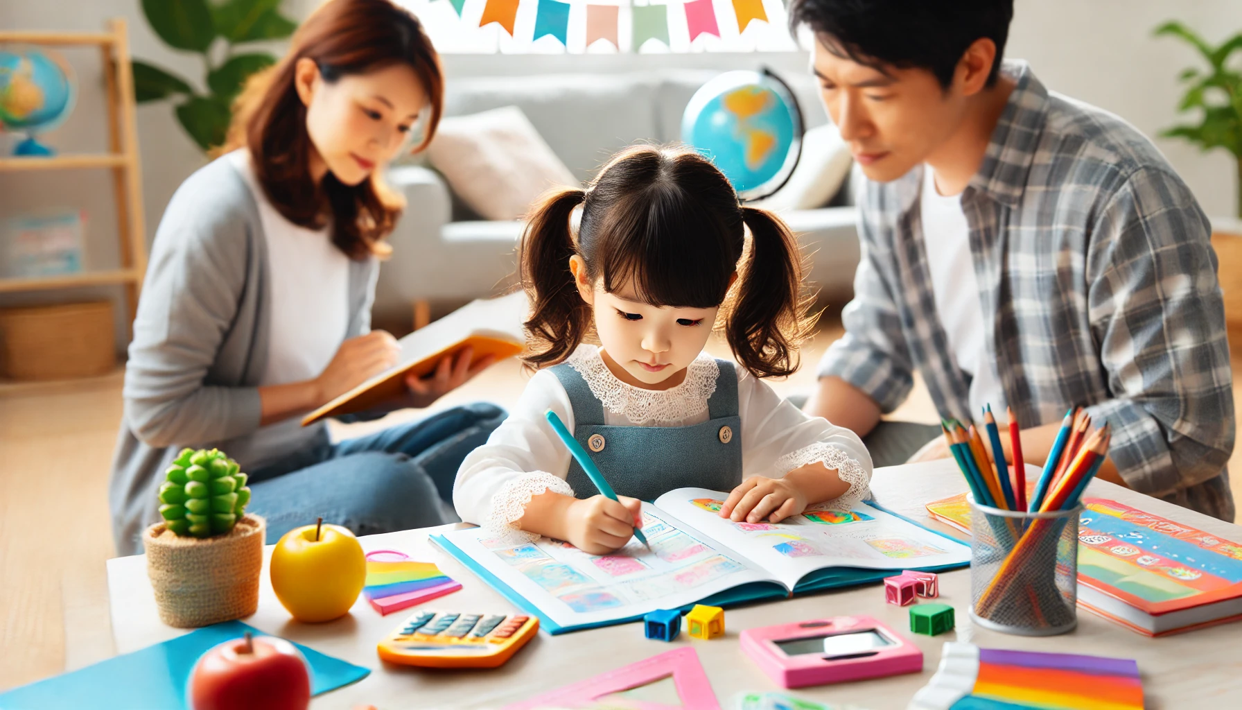 A young Japanese elementary school student starting middle school entrance exam preparation at an early age. The child is engaged in interactive learning activities with colorful educational materials and supportive parents nearby.