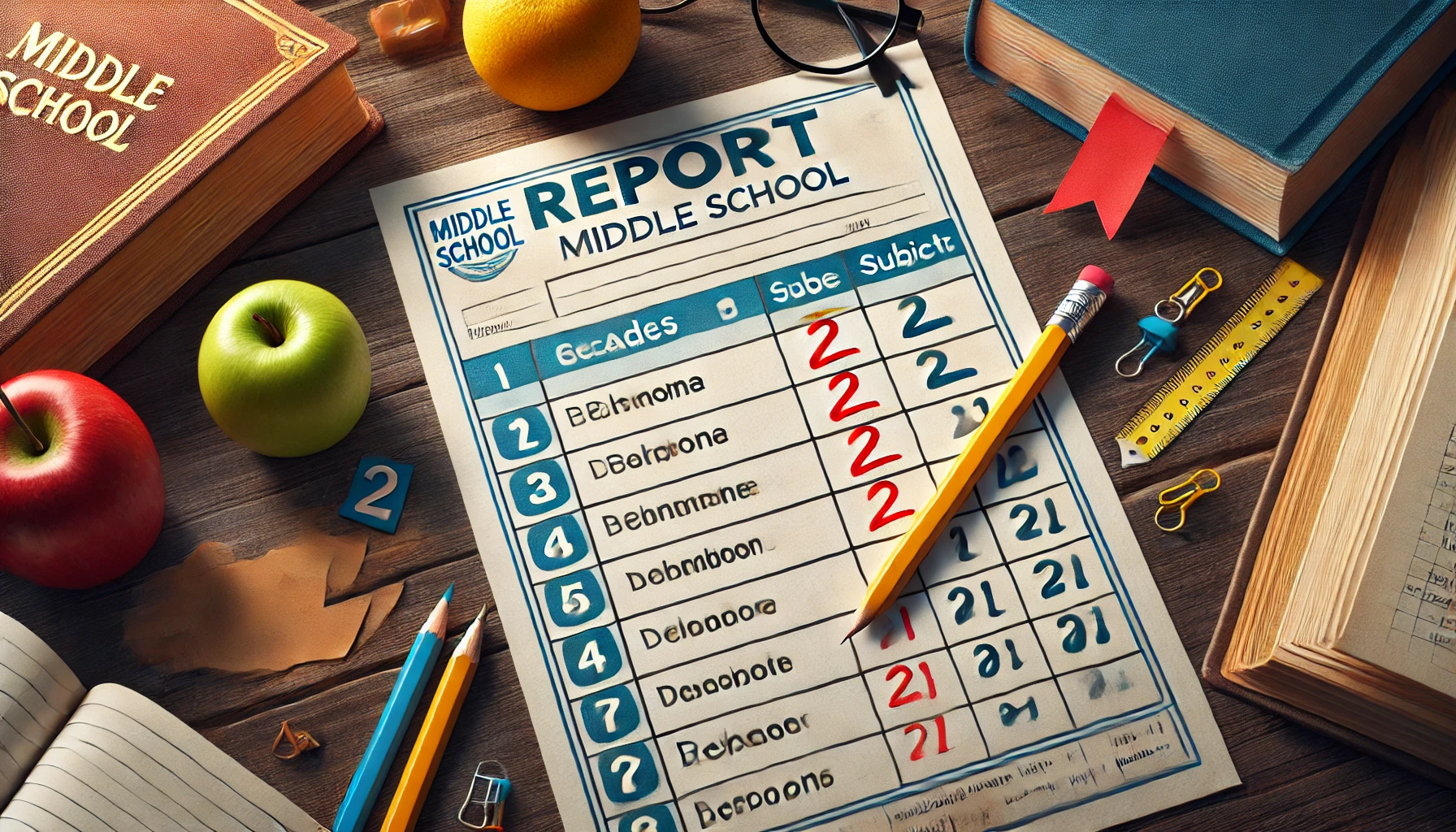 A middle school report card with grades, highlighting a '2' in one of the subjects, with books and a pencil beside it.