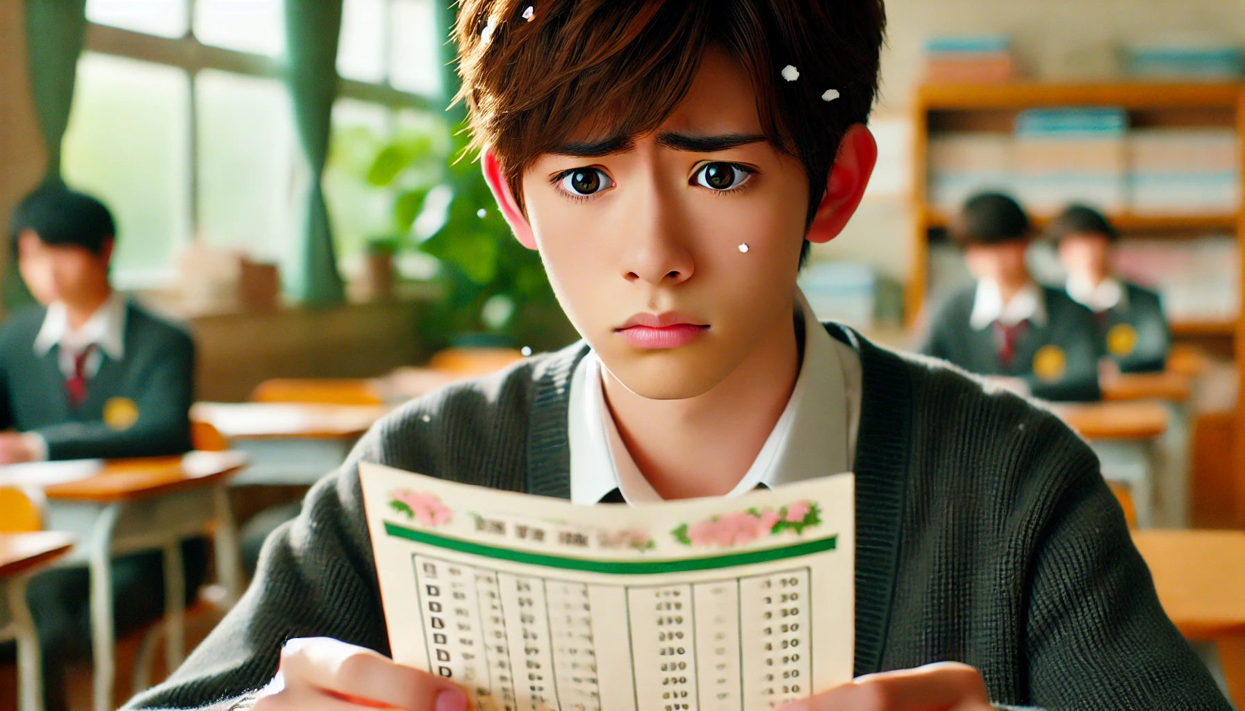 A concerned Japanese middle school student looking at a report card, with a worried expression. The background is a typical classroom setting.