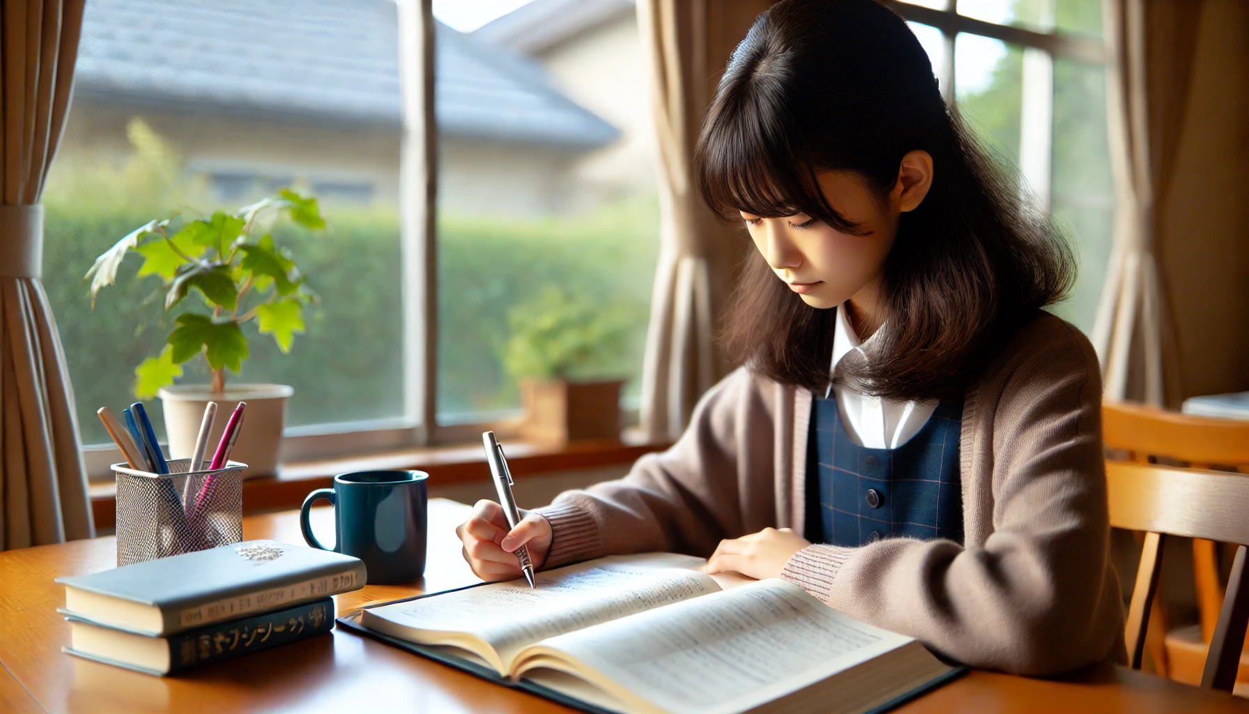 A Japanese middle school student sitting at a desk with open textbooks, focusing on studying and taking notes, aiming to improve grades. The background is a cozy study room with a window showing a peaceful view.