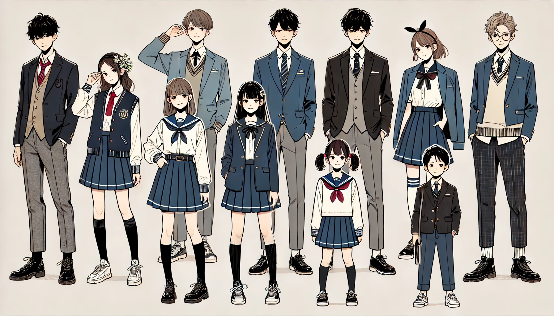 A stylish school uniform designed by a female designer. The image shows Japanese high school students wearing elegant and fashionable uniforms, including blazers and skirts for girls, and blazers and trousers for boys, with distinctive accessories.