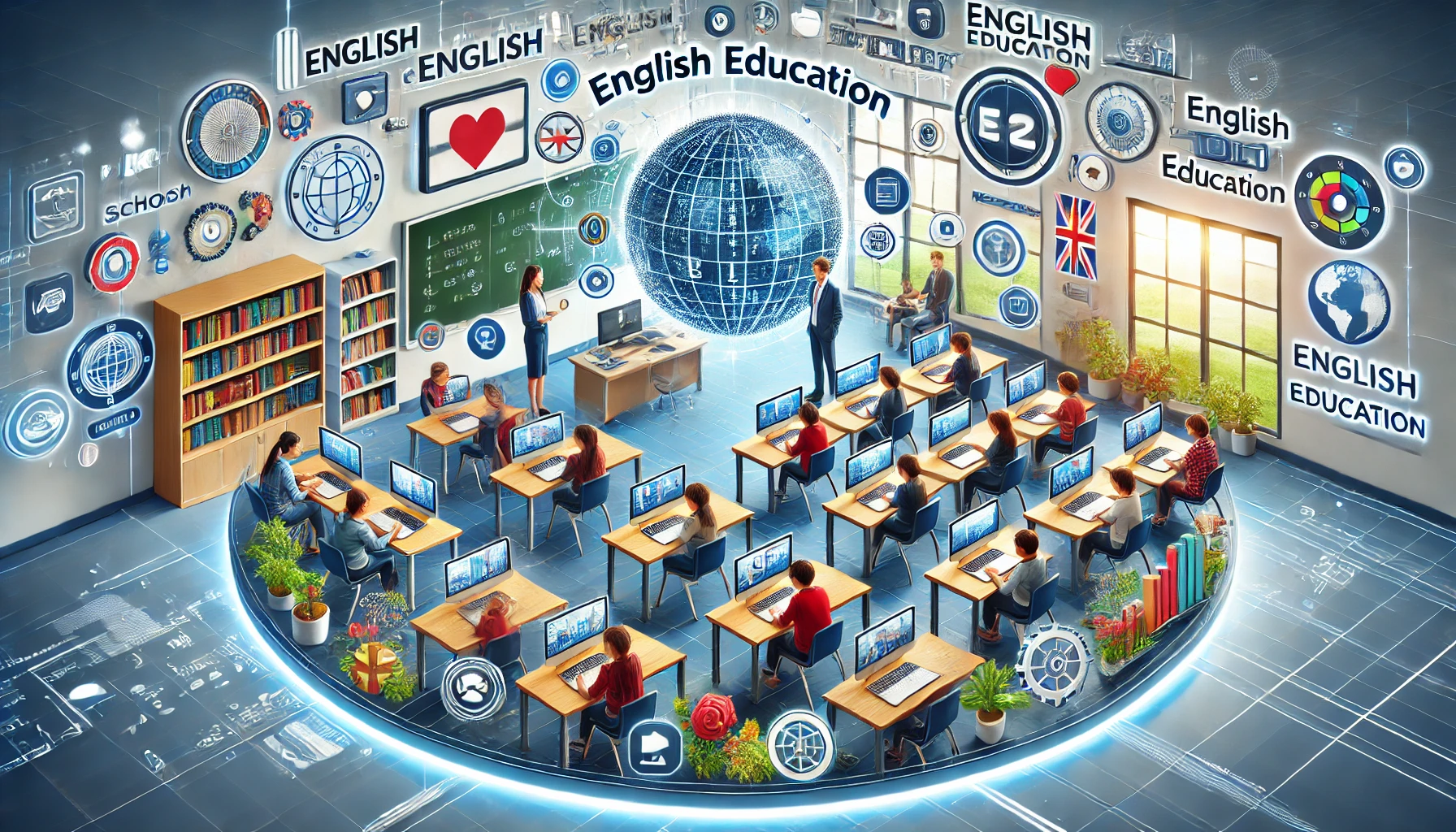 A high school with a focus on English education. The image shows classrooms with students engaged in English lessons, teachers using multimedia tools, and vibrant educational materials displayed around.