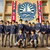 A group of Japanese middle school boys in uniform, standing proudly in front of their school with the sail and sea breeze crest. The image showcases their camaraderie and school spirit.