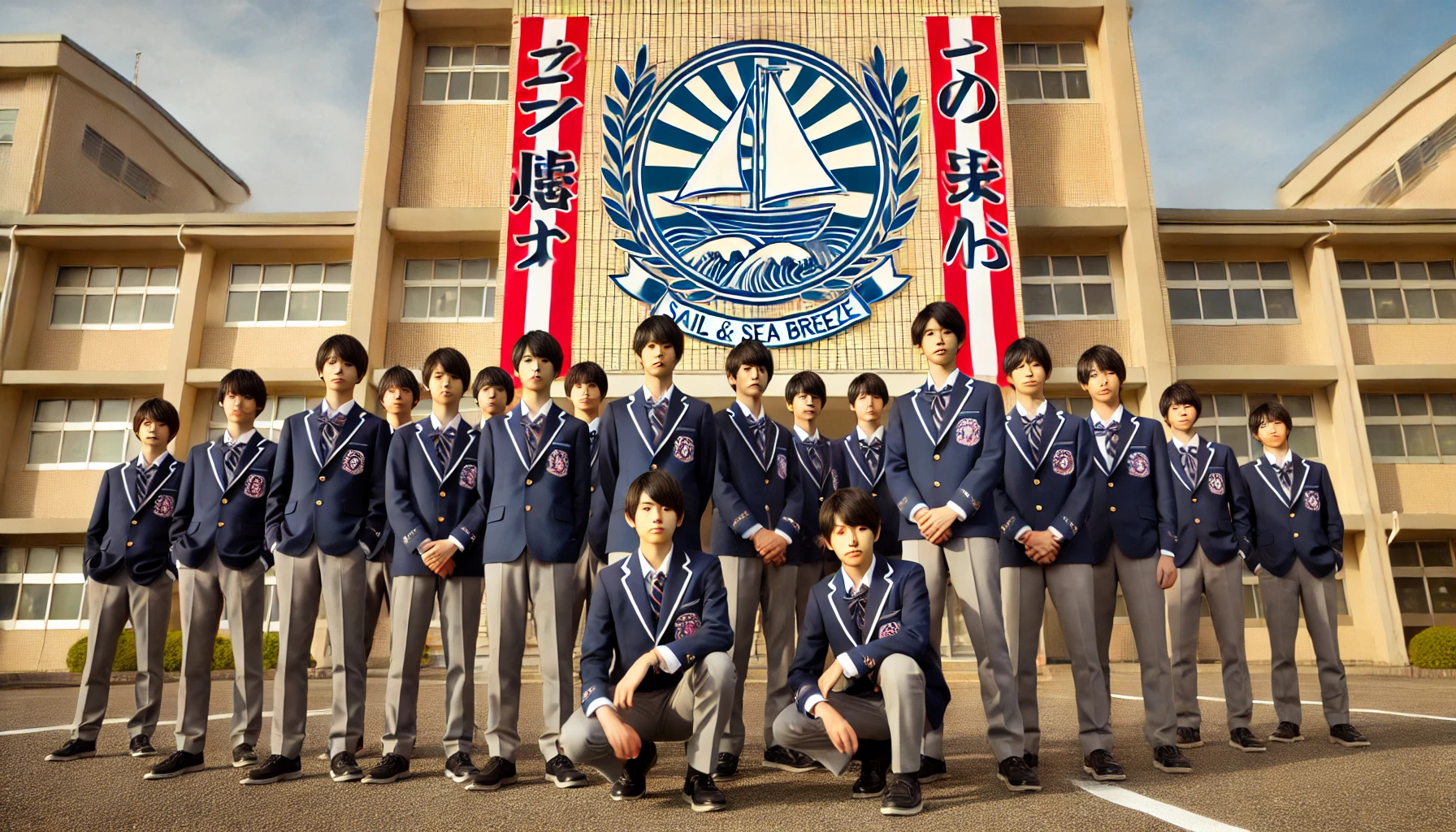 A group of Japanese middle school boys in uniform, standing proudly in front of their school with the sail and sea breeze crest. The image showcases their camaraderie and school spirit.