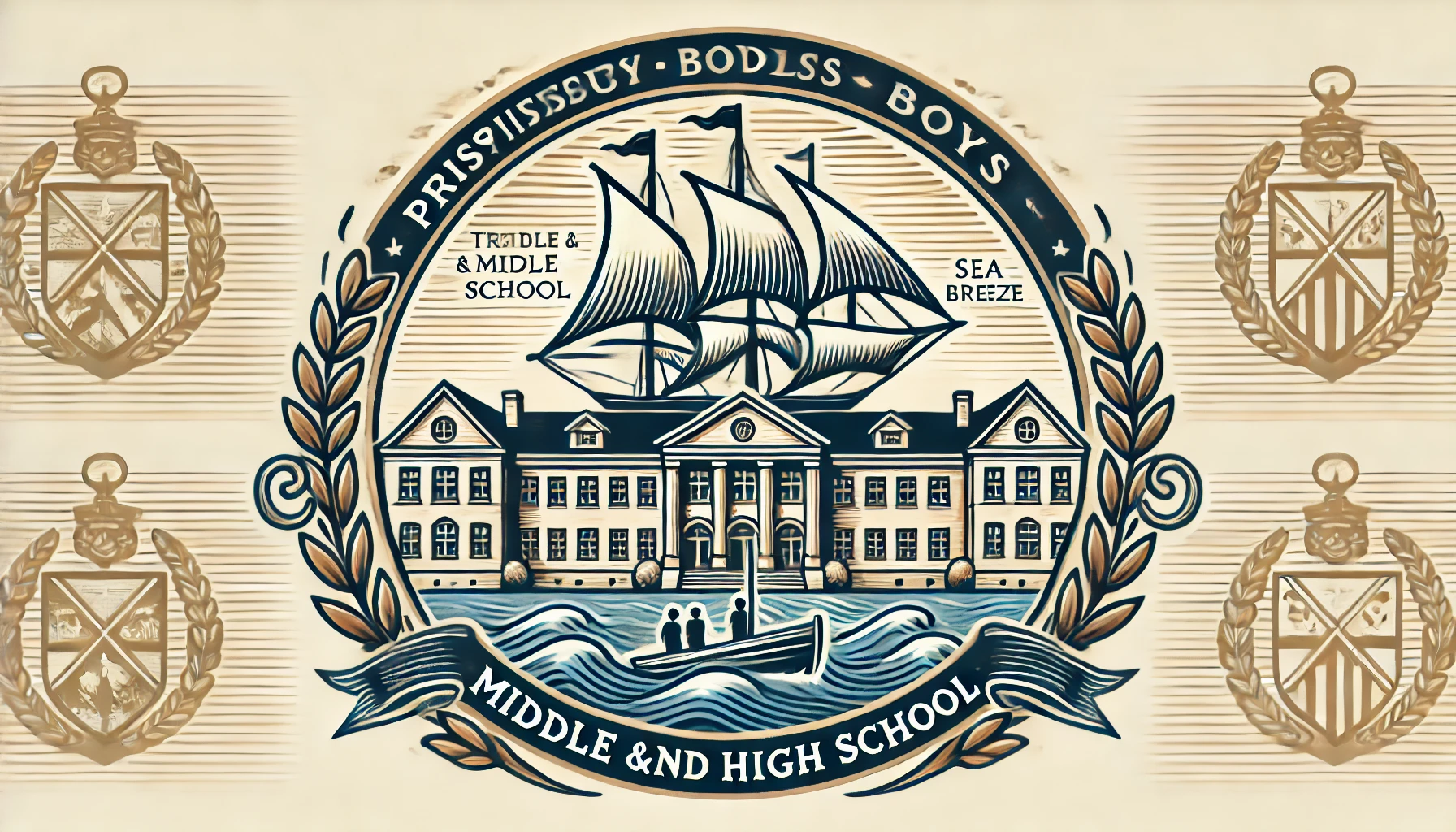 A prestigious boys' middle and high school, depicted with a sail and sea breeze crest. The image shows the school building with students in uniform, representing the school's traditional and academic excellence.