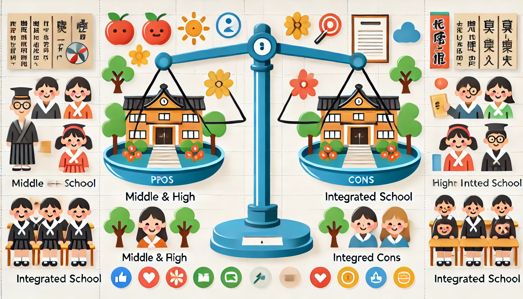 A balanced comparison chart with icons representing the pros and cons of attending a middle and high integrated school in Japan.