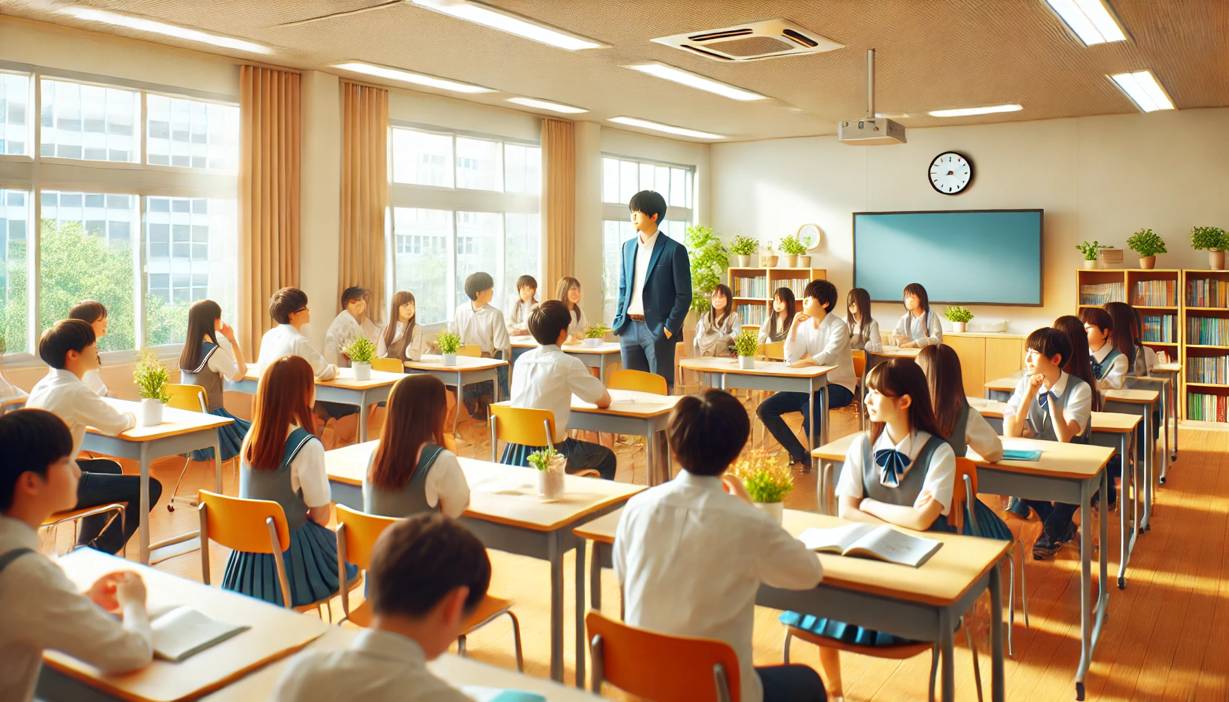 A bright and modern Japanese classroom with students actively engaged in a discussion, showcasing the benefits of attending a middle and high integrated school.