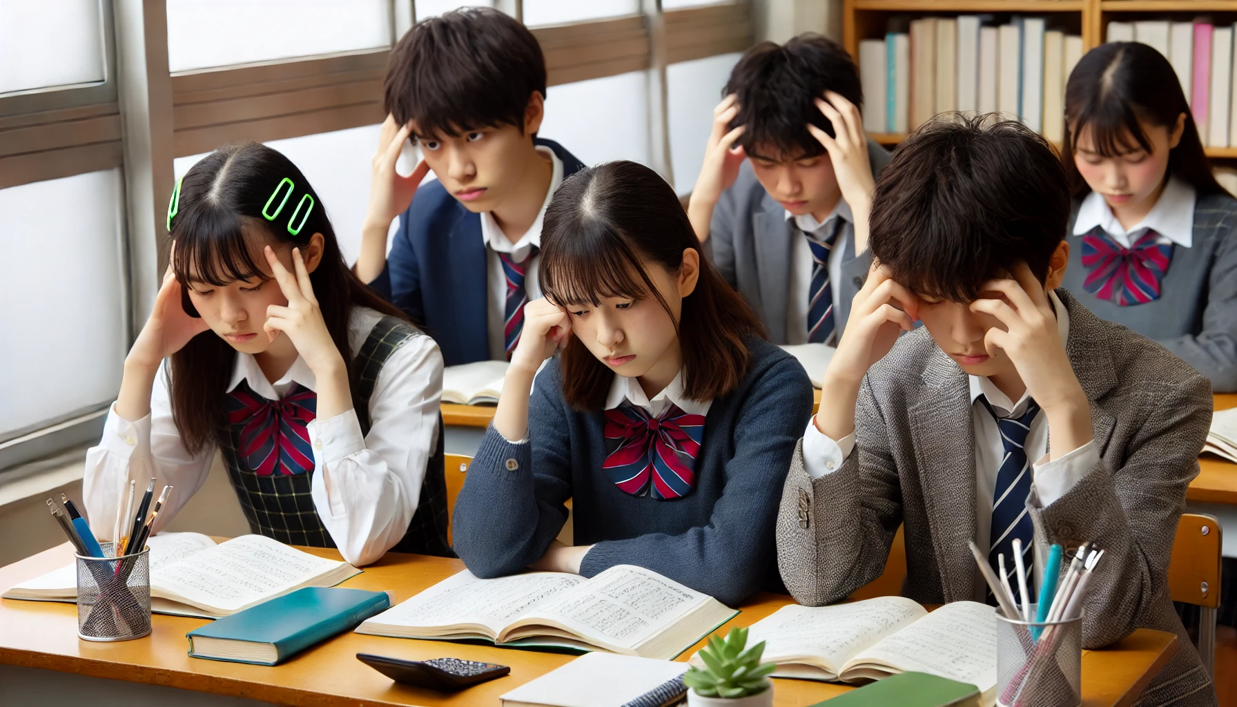 A group of Japanese students studying in a classroom, looking stressed and overwhelmed, representing the challenges of attending a middle and high integrated school.