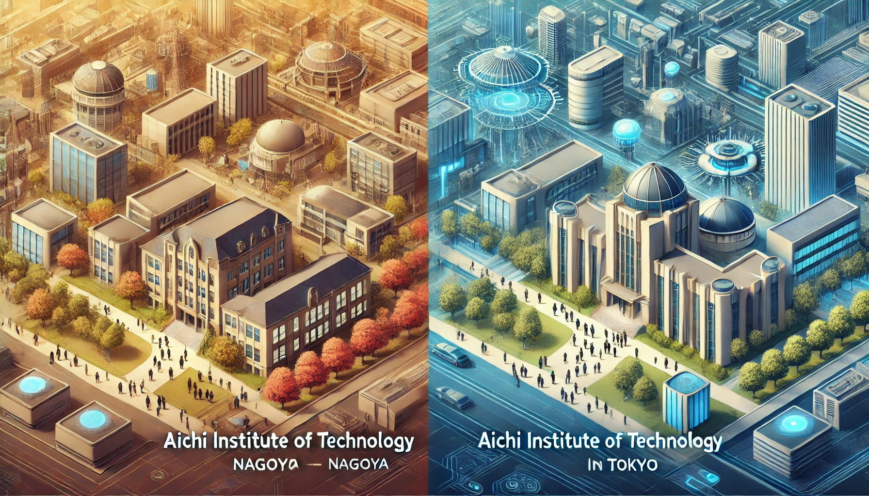 Highlighting the similarities between Aichi Institute of Technology in Nagoya and a similar high-tech university in Tokyo. The image should depict common elements such as architectural styles, campus layout, student activities, and high-tech facilities. Both universities should have a modern appearance with students and faculty in view.