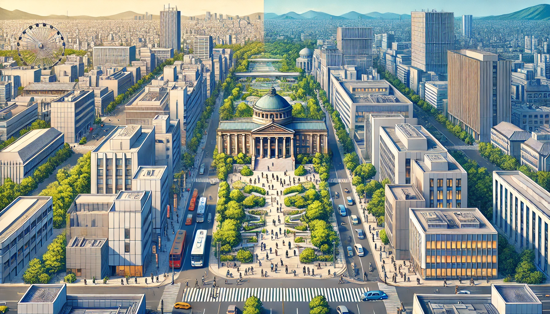 Highlighting the differences between Aichi Institute of Technology in Nagoya and a similar high-tech university in Tokyo. The image should depict contrasting elements such as architectural styles, campus layout, student demographics, and surrounding cityscape. Both universities should have a modern and high-tech appearance with students and faculty in view.