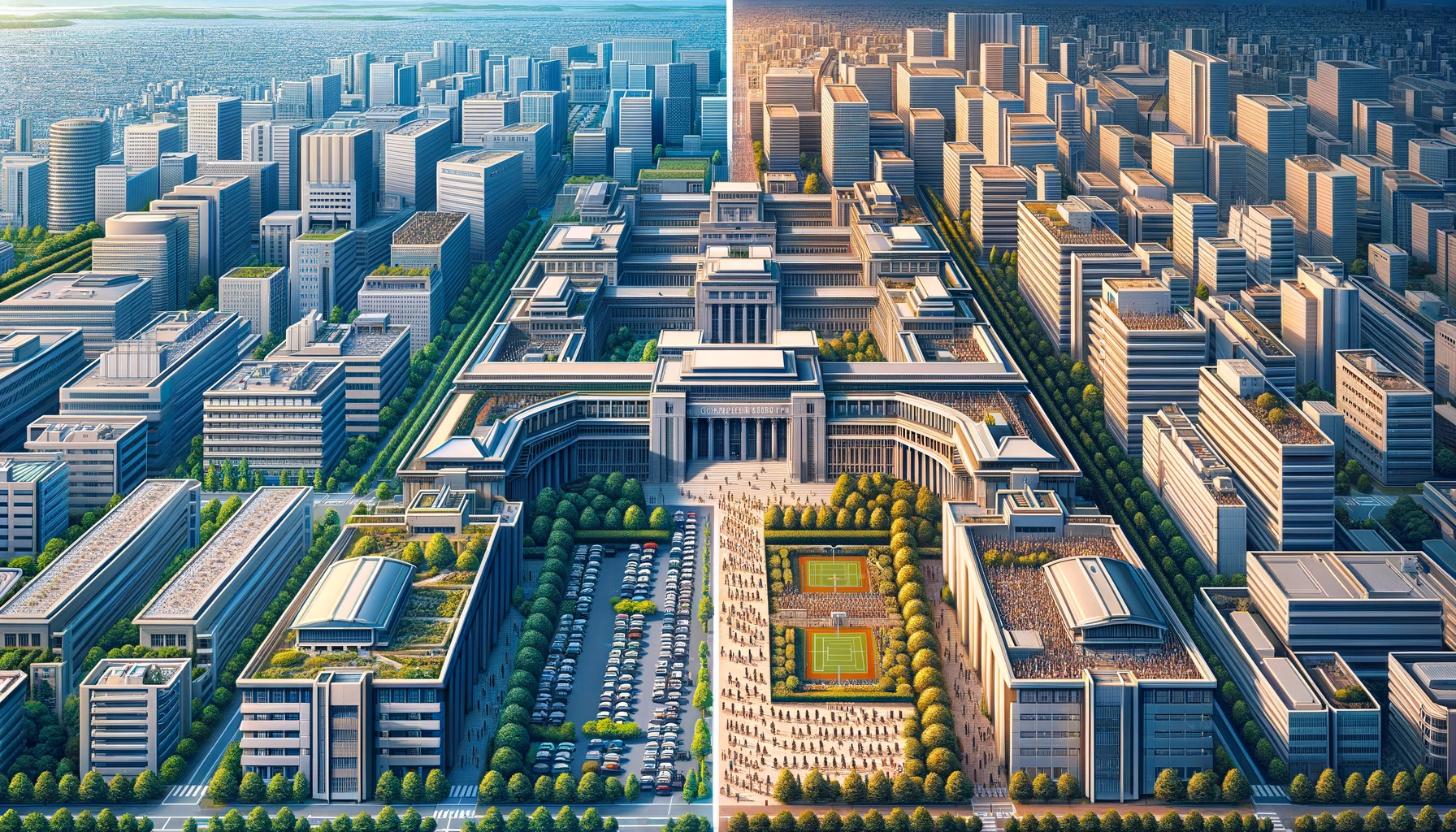 A detailed comparison between Aichi Institute of Technology in Nagoya and a similar high-tech university in Tokyo. The image should show two campuses side by side, highlighting differences in architecture, student activities, and surrounding environments. Both campuses should be modern with students and faculty in view.