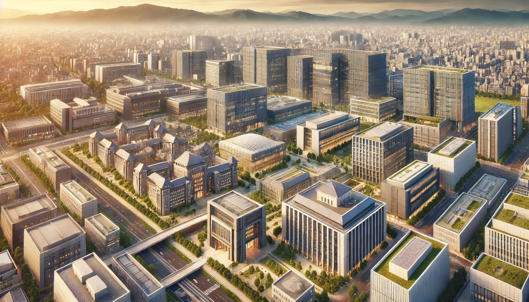 Aerial view of a modern university campus in Tokyo, focusing on high-tech engineering buildings and facilities, representing a prestigious institution similar to Aichi Institute of Technology in Nagoya. The campus is bustling with students and faculty, with modern architecture and greenery.