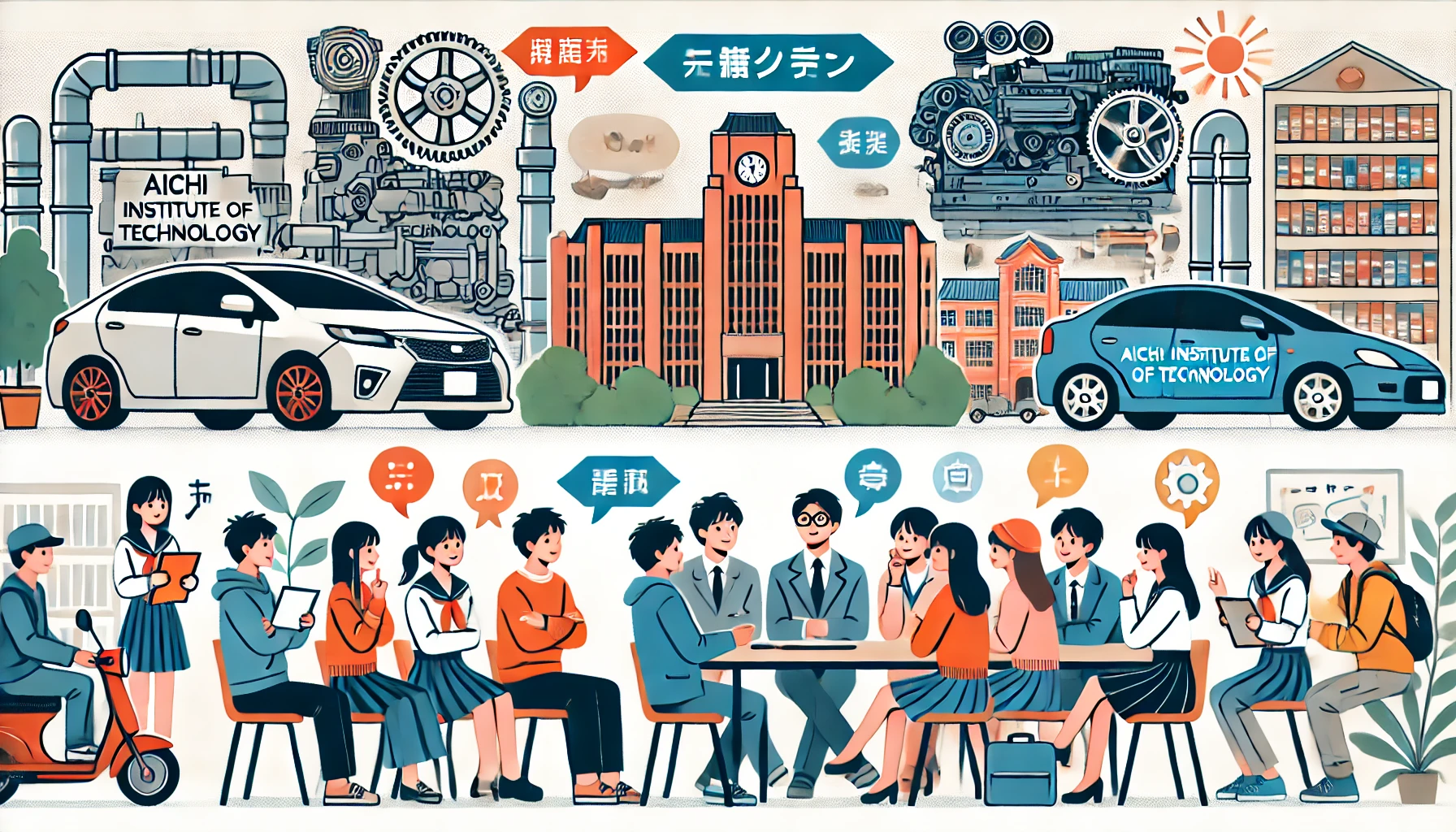 Illustration comparing the reviews and feedback (口コミ) from students and alumni of Aichi Institute of Technology in Nagoya, known for its automotive industry, with a Tokyo university. Show Japanese students and alumni sharing their experiences and opinions in a group setting.