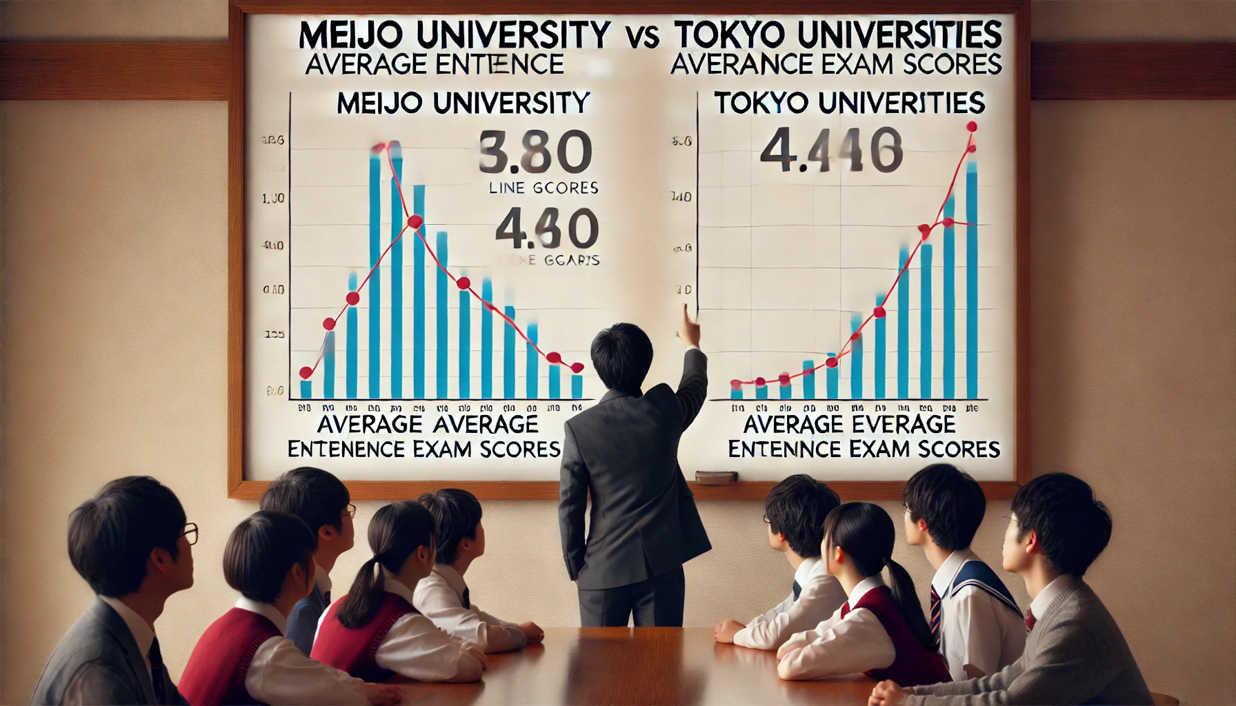 A comparison of Meijo University's and Tokyo universities' average entrance exam scores. Two sets of line graphs side by side, labeled 'Meijo University' and 'Tokyo Universities', showcasing average entrance exam scores. Japanese students observing the graphs, emphasizing the importance of academic performance.