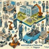 Illustration showing the student club activities at Aichi Institute of Technology in Nagoya, known for its automotive industry, compared to a Tokyo university. Display students participating in various club activities like robotics and automotive design, with Japanese students in the scene.