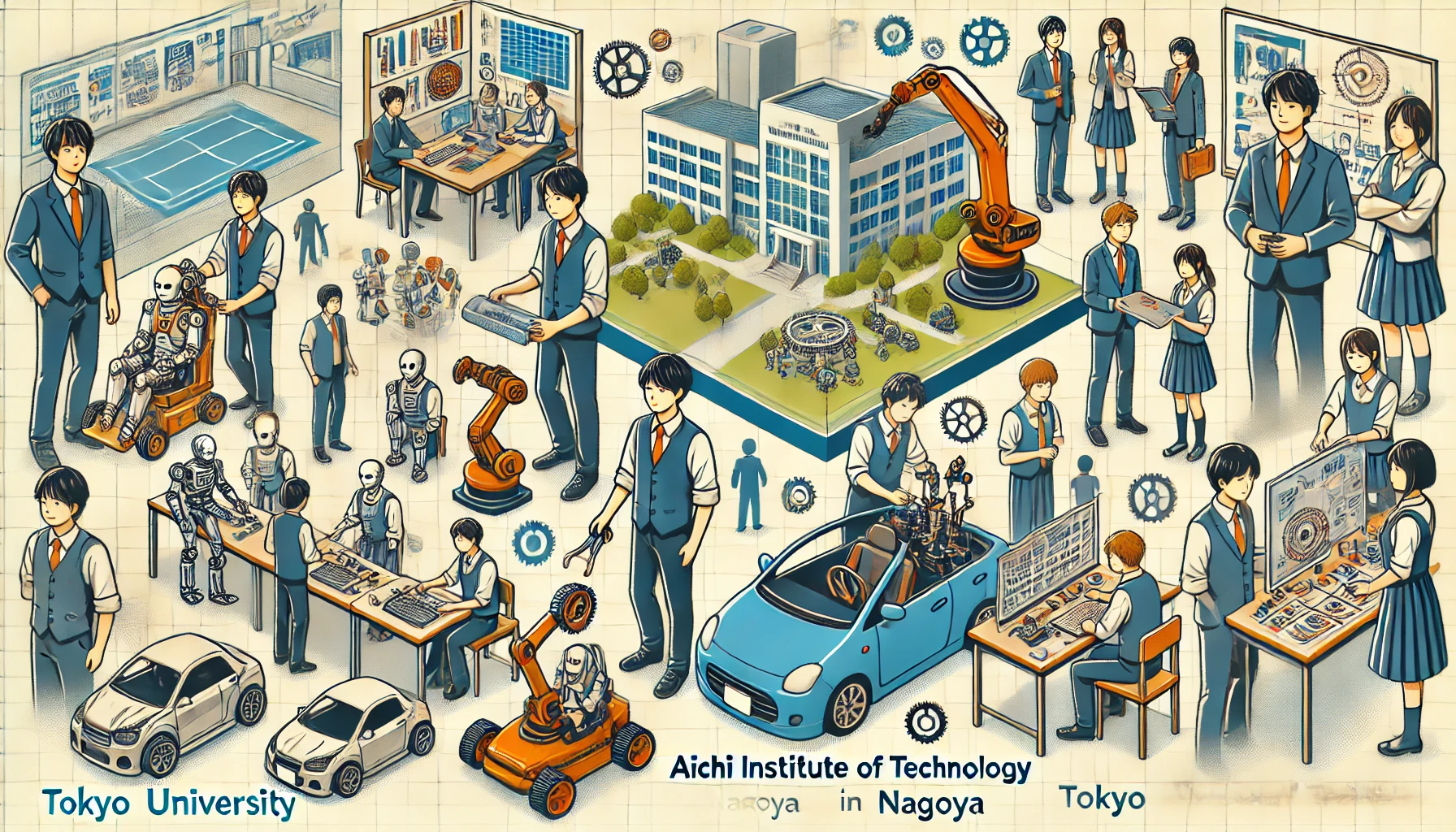 Illustration showing the student club activities at Aichi Institute of Technology in Nagoya, known for its automotive industry, compared to a Tokyo university. Display students participating in various club activities like robotics and automotive design, with Japanese students in the scene.