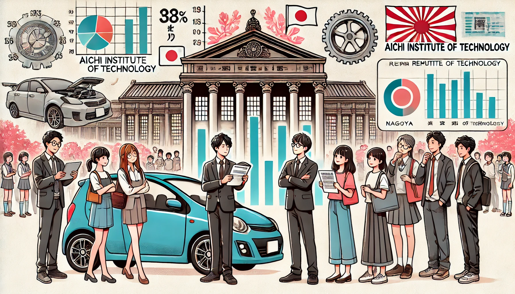 Illustration comparing the academic performance and reputation (偏差値) of Aichi Institute of Technology in Nagoya, known for its automotive industry, with a Tokyo university. Show students discussing their results and holding academic charts, with Japanese students in the scene.