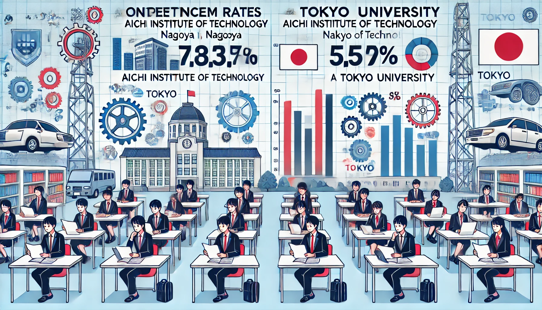 Illustration comparing the entrance exam competition rates of Aichi Institute of Technology in Nagoya, known for its automotive industry, with a Tokyo university. Show students studying, with bar charts and statistics in the background, all in a modern educational setting. Include Japanese students in the illustration.