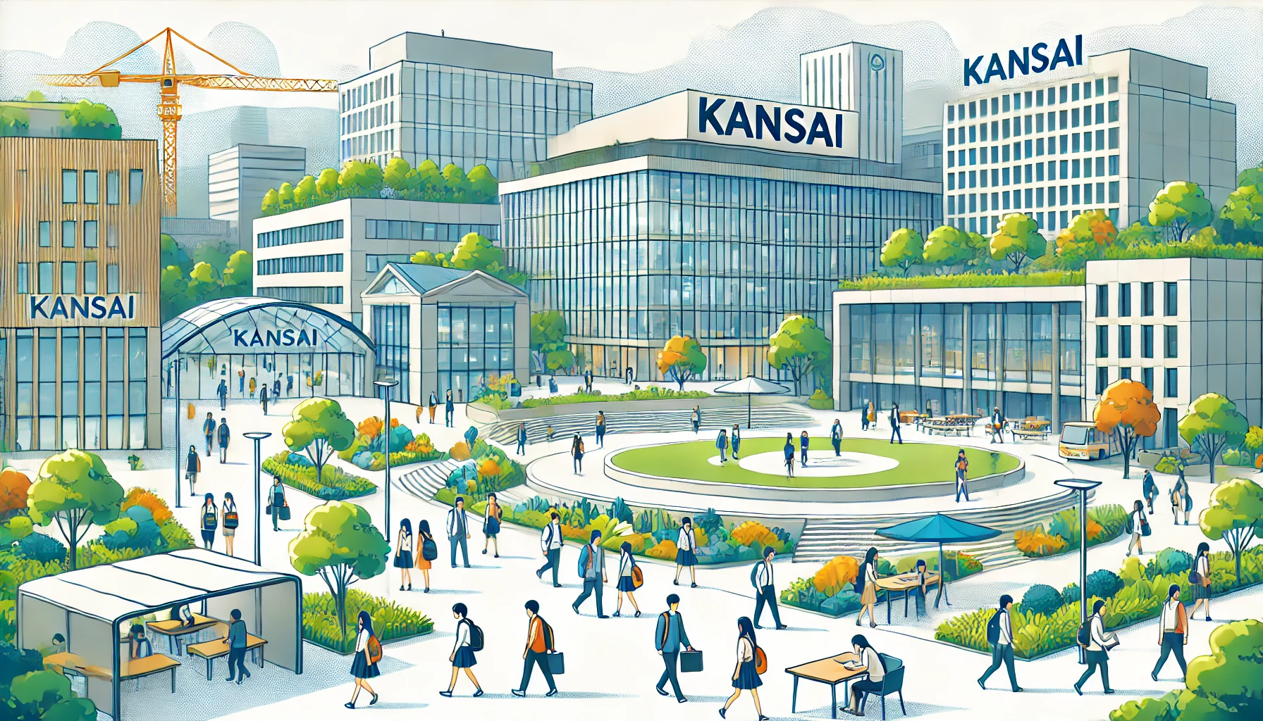 A vibrant and modern university campus with students walking, talking, and studying. The campus has green spaces, contemporary buildings, and a welcoming atmosphere. Include the text 'KANSAI' prominently in the scene.