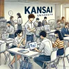 A group of students in a classroom setting at Kansai University, discussing and working on projects. The classroom has modern facilities and a collaborative environment. Include the text 'KANSAI' prominently in the scene.