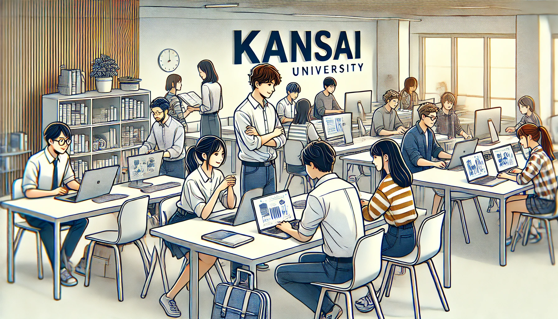 A group of students in a classroom setting at Kansai University, discussing and working on projects. The classroom has modern facilities and a collaborative environment. Include the text 'KANSAI' prominently in the scene.