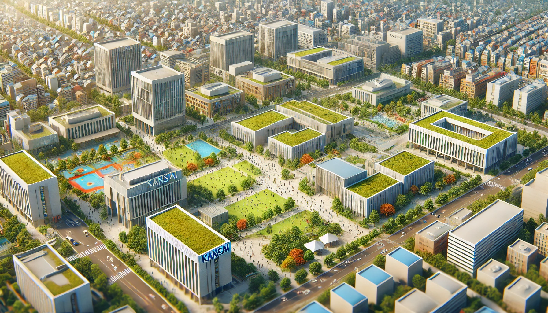 An aerial view of Kansai University's campus showcasing modern buildings, green spaces, and recreational areas. The campus looks lively with students walking and engaging in various activities. Include the text 'KANSAI' prominently in the scene.