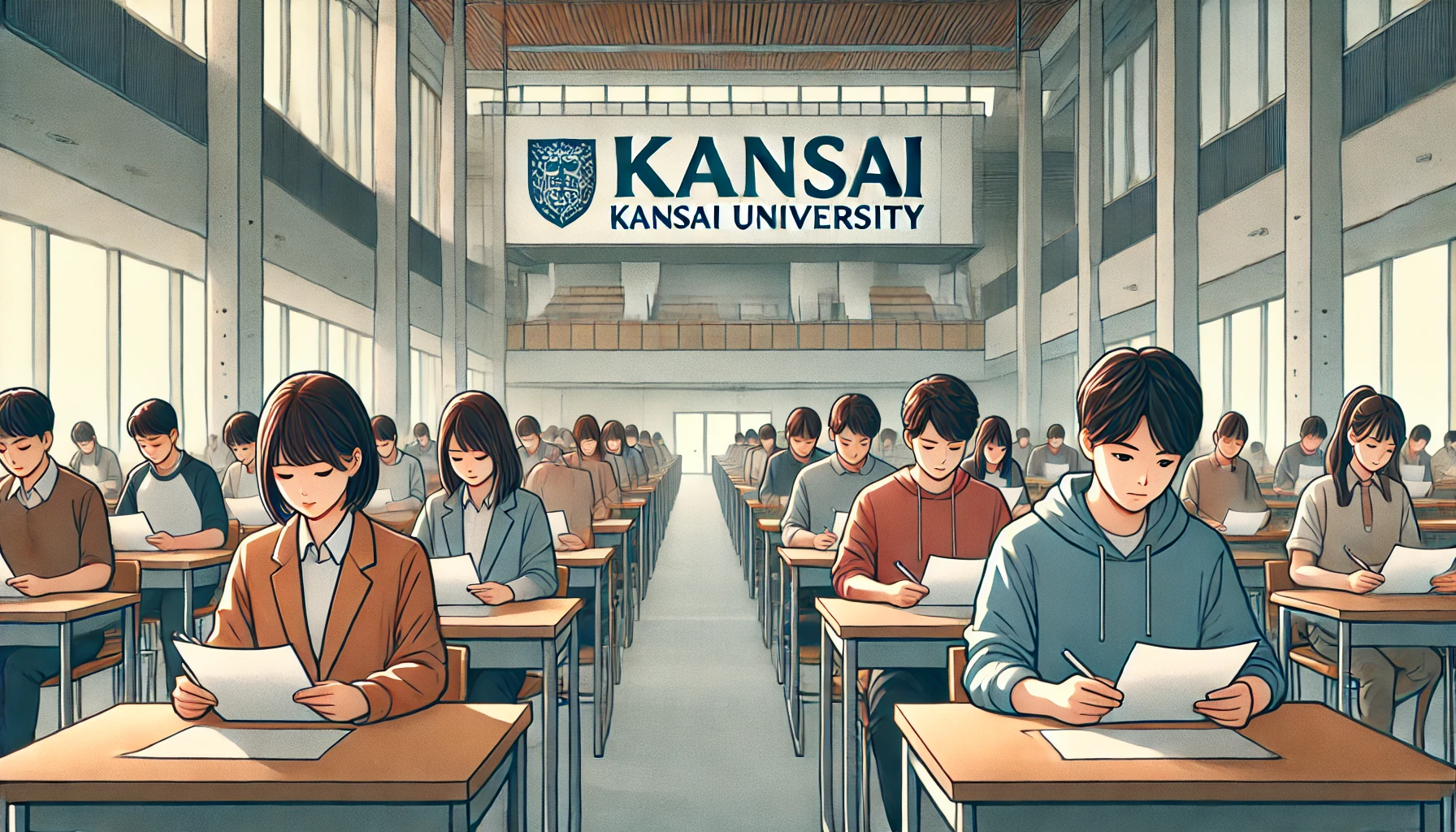 A group of Japanese students sitting in an exam hall at Kansai University, focused on their entrance exam papers. The background features a modern university setting with the text 'KANSAI' visible in the scene.