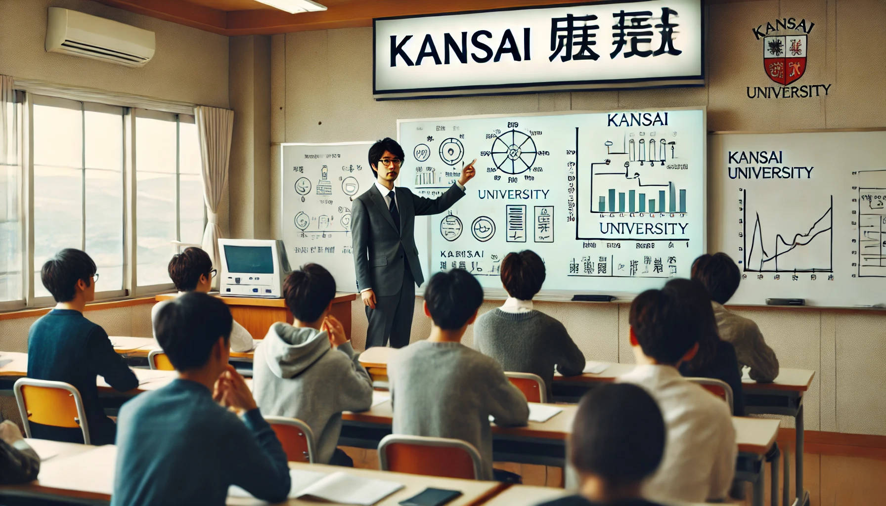 A Japanese professor teaching a class at Kansai University, using a whiteboard with educational diagrams. The classroom is modern, with students attentively listening. The text 'KANSAI' is visible in the background.