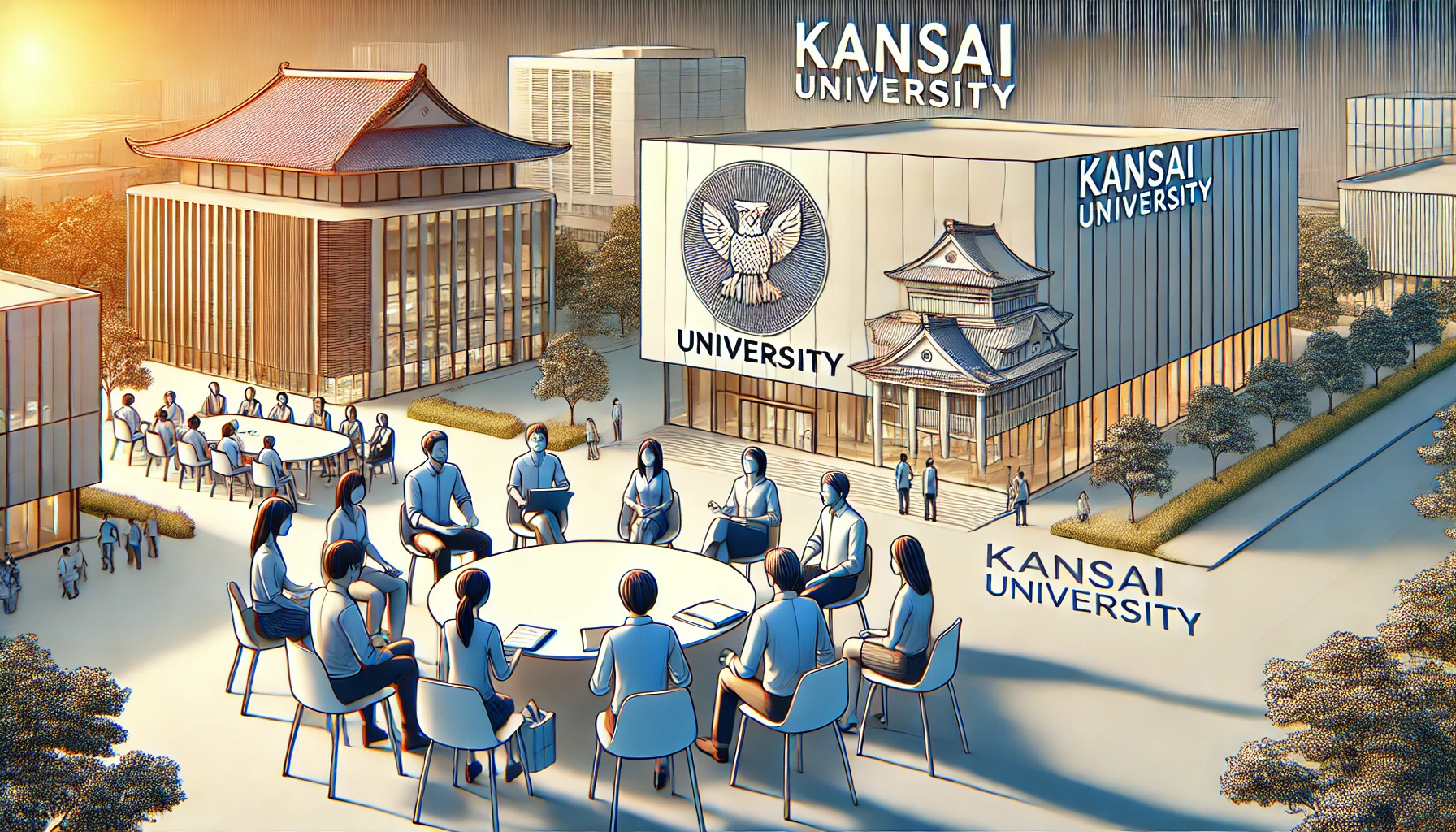 A group of students and faculty members in a discussion at Kansai University, with the university's logo and a modern building in the background. The text 'KANSAI' is visible. The setting is professional and vibrant.