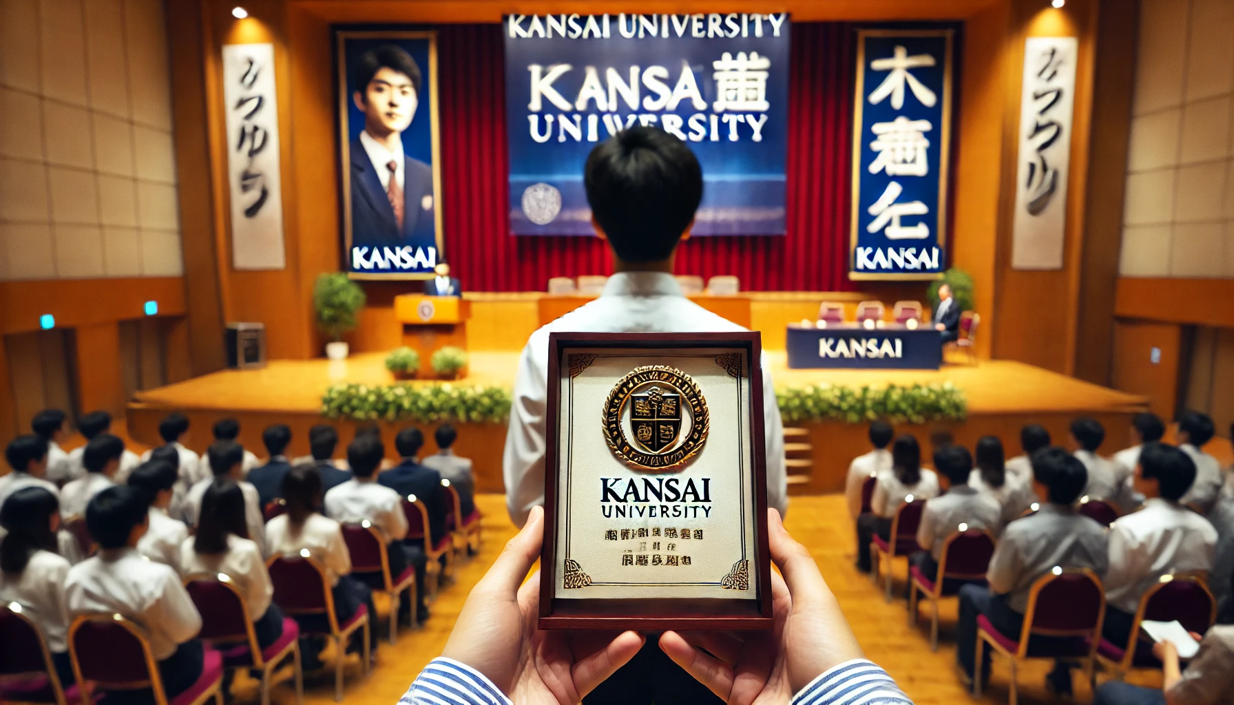 A Japanese student receiving an award for excellence at Kansai University, with the university's logo and a stage in the background. The text 'KANSAI' is visible. The setting is celebratory and formal.