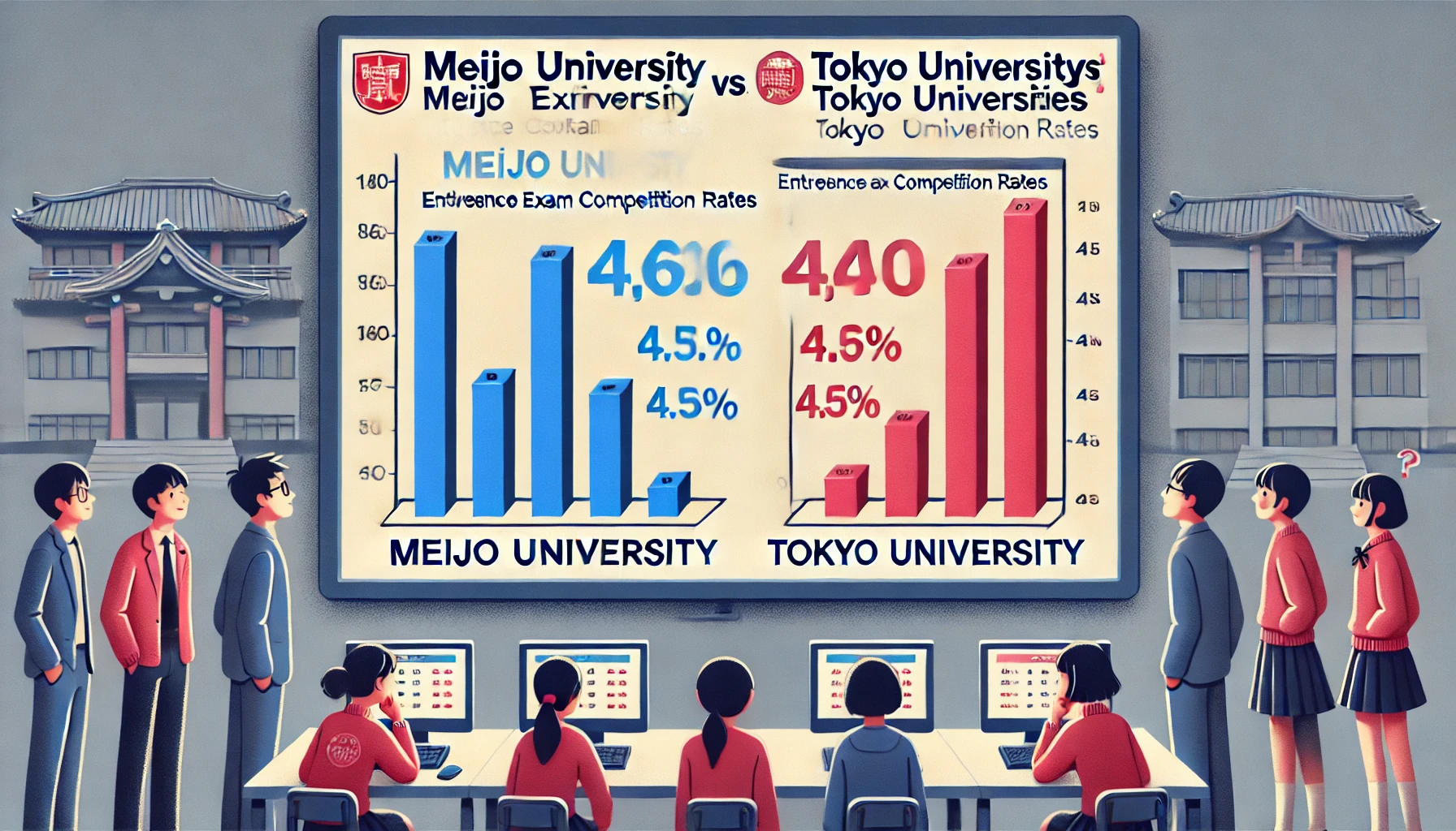 Comparison of university entrance exam competition rates between Meijo University in the Tokai region and Tokyo universities. Two sets of bar graphs side by side, labeled 'Meijo University' and 'Tokyo Universities', showcasing entrance exam competition rates. Students looking at the graphs, highlighting the academic competition.