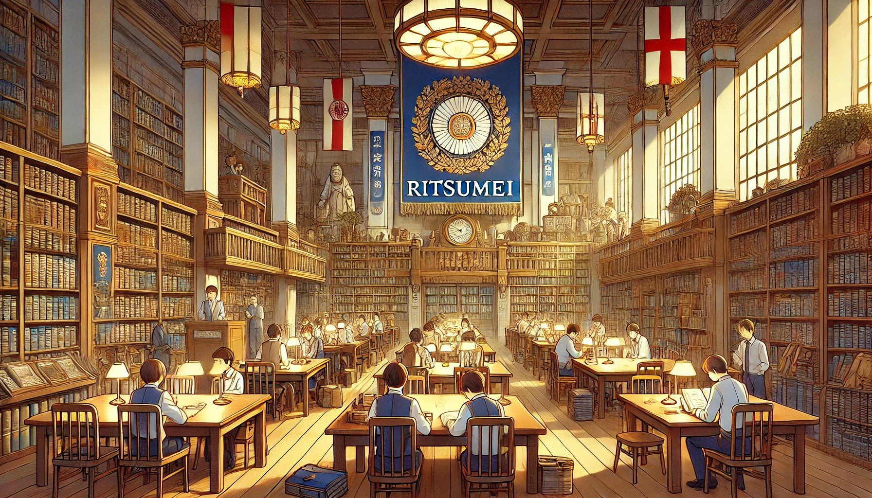 An academic setting with students studying in a library, bookshelves filled with books, and a large banner that reads 'RITSUMEI'.