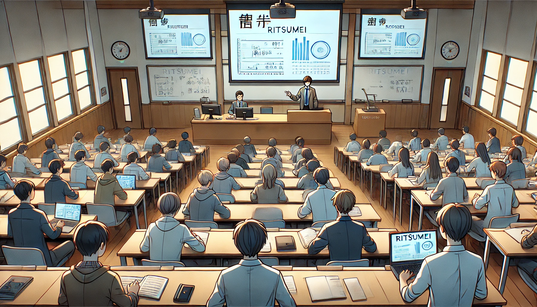 A lecture hall with students attending a class, a professor at the front teaching, and a large screen displaying 'RITSUMEI'.