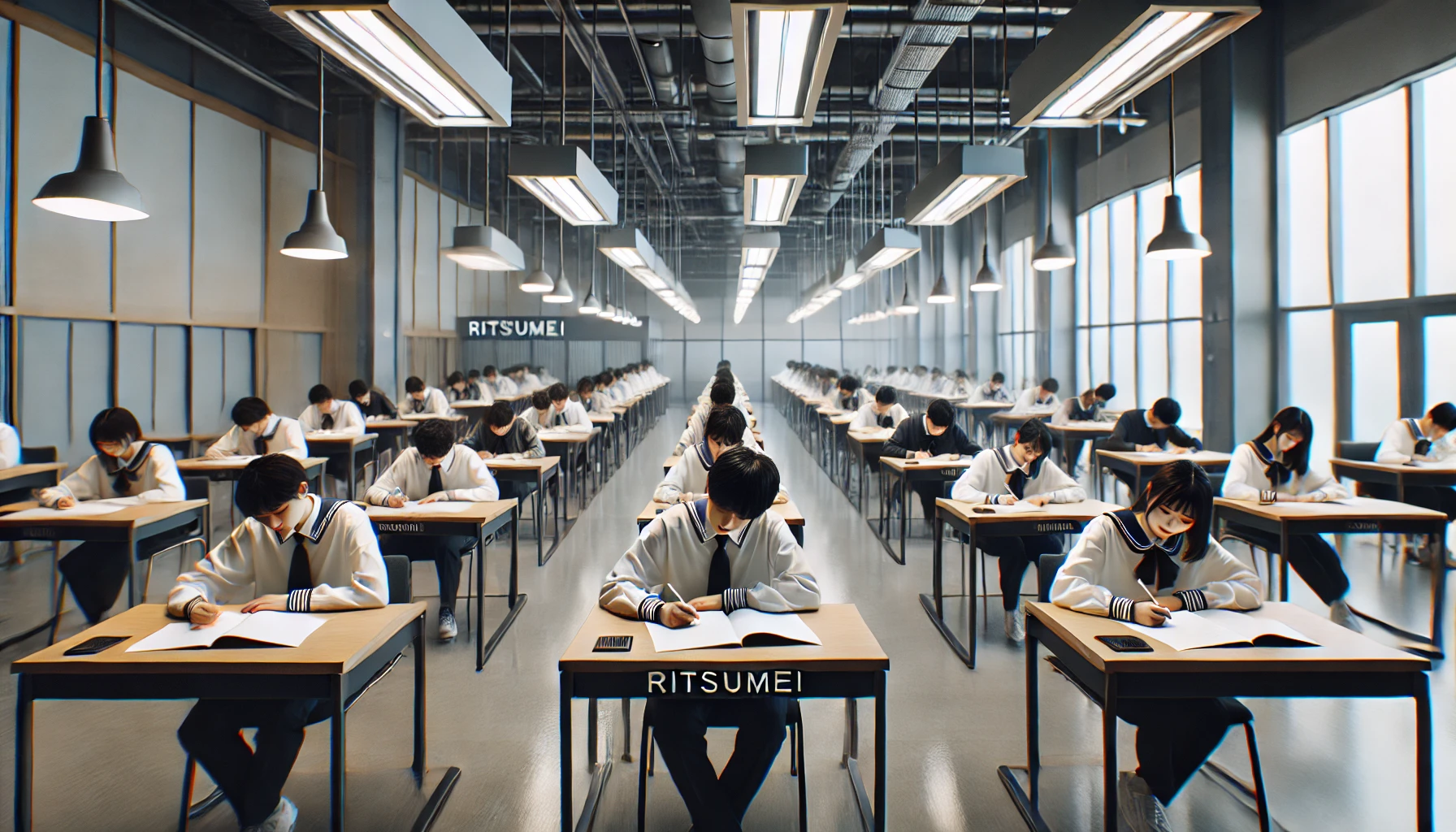 A group of Japanese students taking an entrance exam in a modern classroom setting with desks arranged in rows. The atmosphere is serious and focused, with students diligently writing. The text 'RITSUMEI' is prominently displayed in the image.