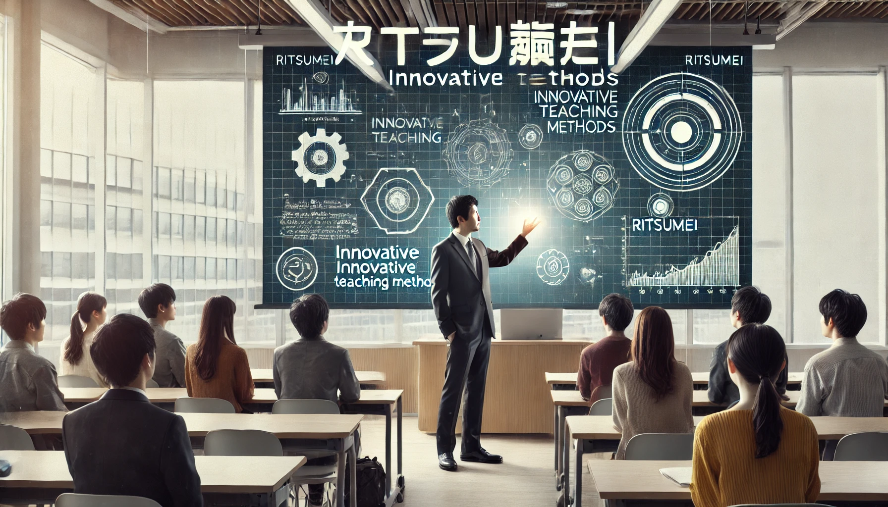 A Japanese professor giving a lecture to students in a modern university classroom, emphasizing innovative teaching methods. The text 'RITSUMEI' is prominently displayed in the image.