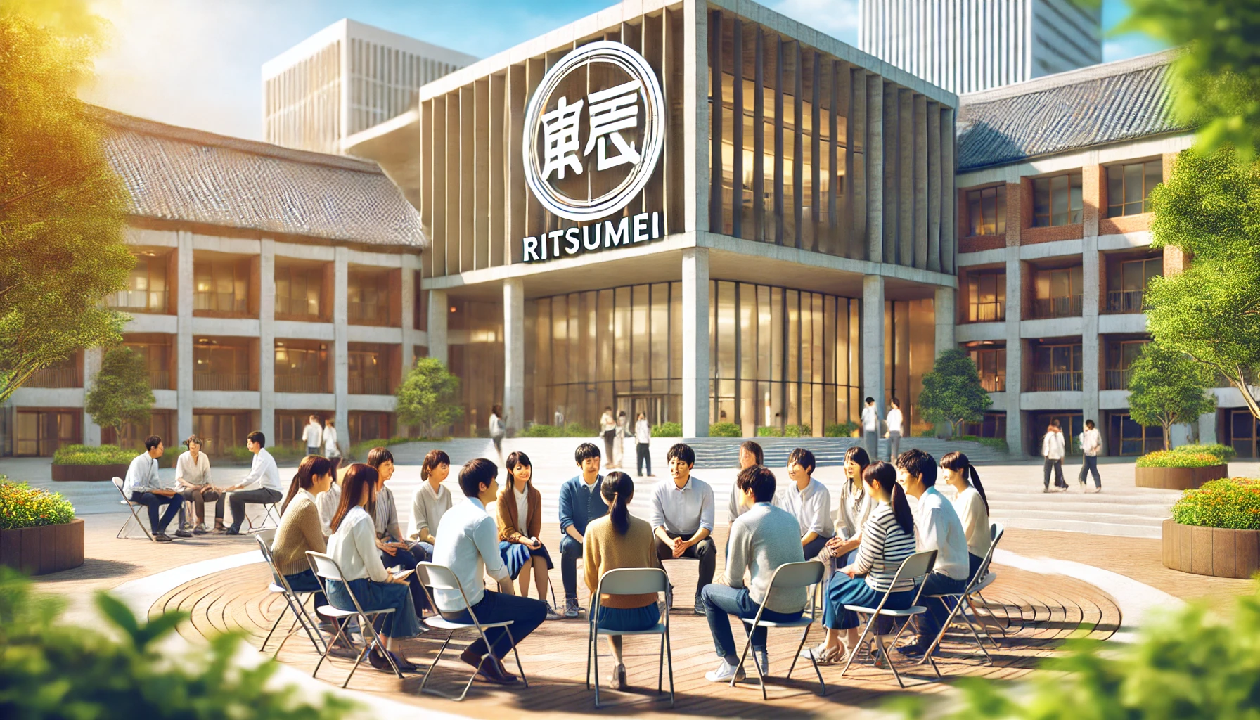 A diverse group of Japanese university students engaging in a discussion in a modern university courtyard, with buildings and greenery in the background. The text 'RITSUMEI' is prominently displayed in the image.