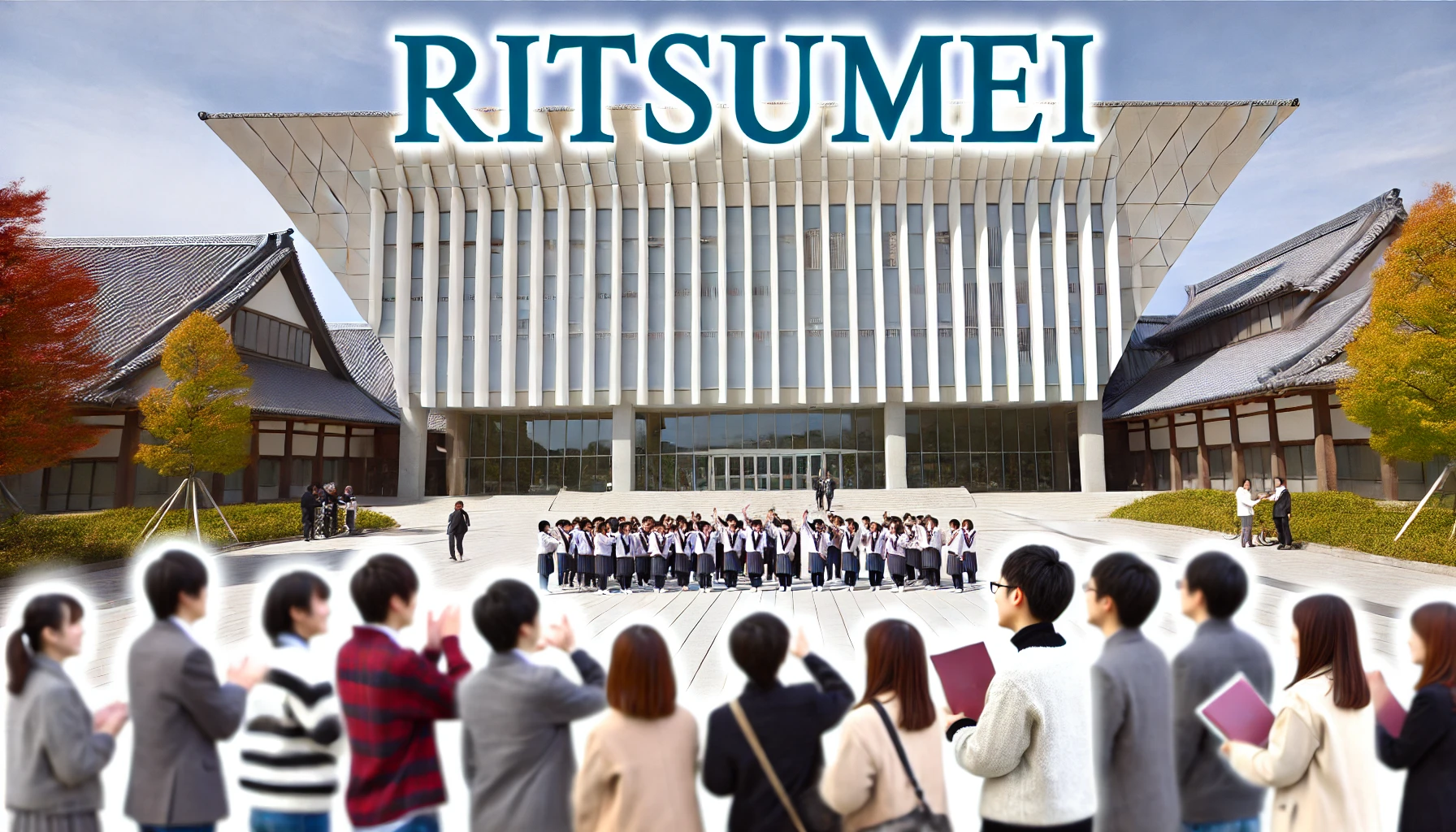 A group of Japanese university students celebrating an achievement on campus, with a modern university building in the background. The text 'RITSUMEI' is prominently displayed in the image.